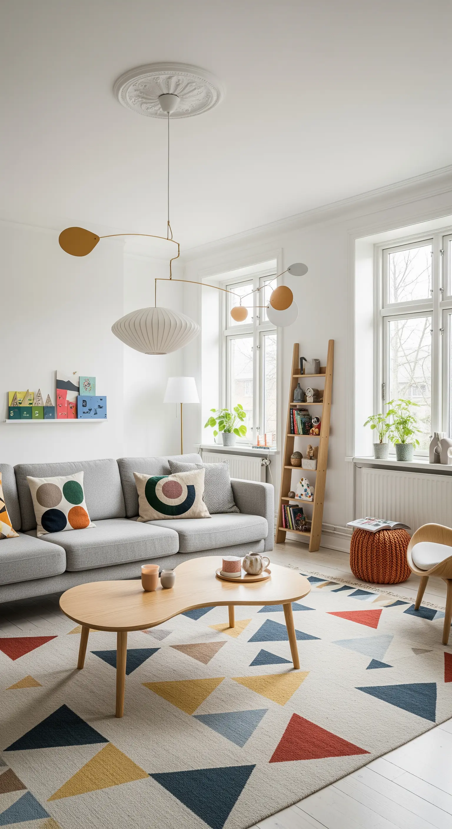 Salotto luminoso con divano grigio e un grande tappeto con triangoli colorati.