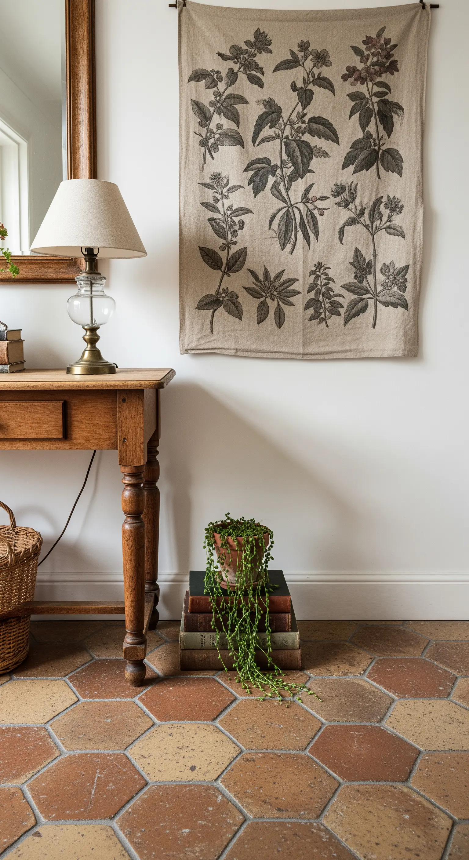 Ingresso con pavimento in cotto esagonale, stampa botanica su lino e una piccola pianta su libri.