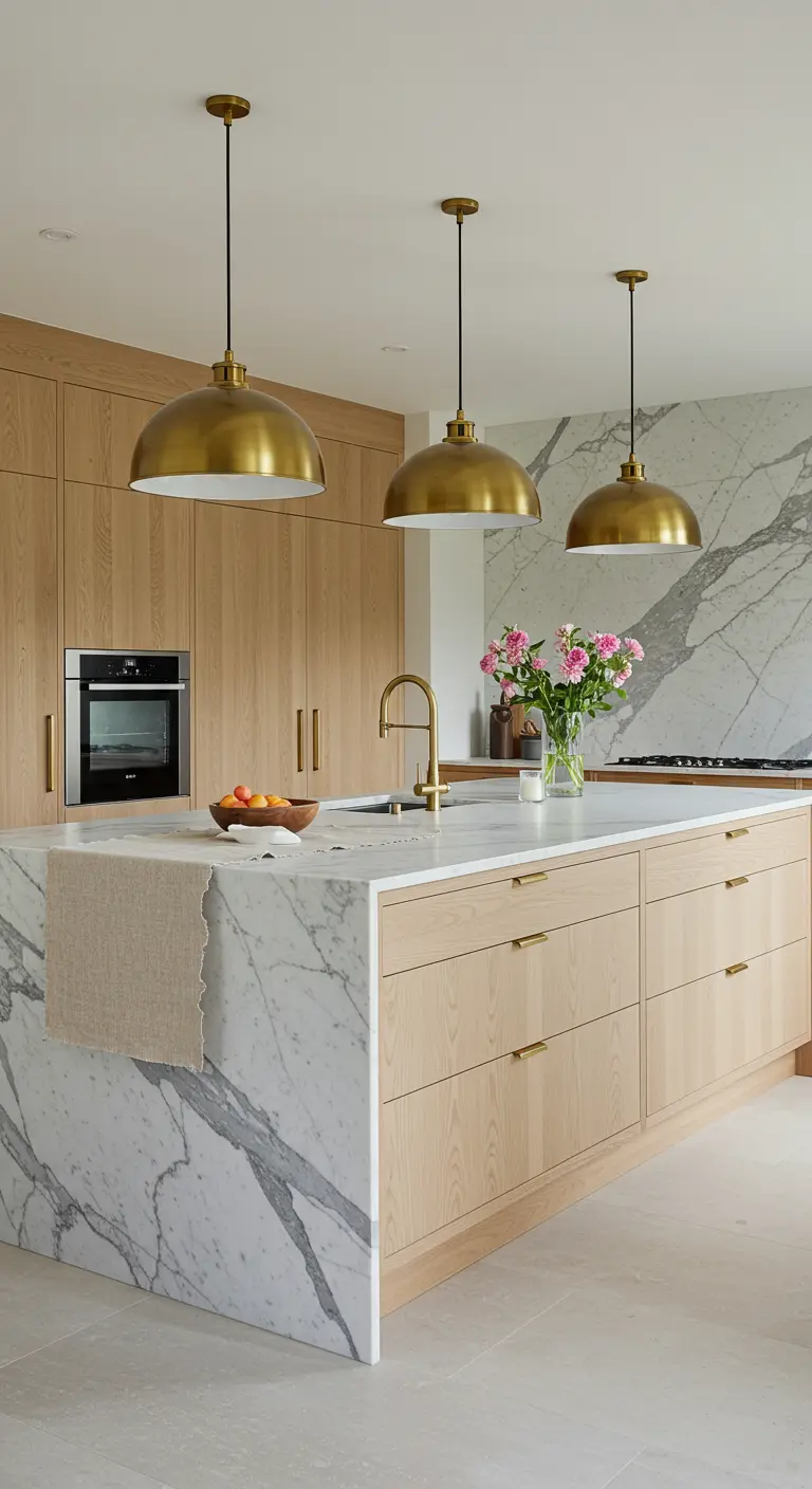 Isola cucina in marmo e legno con tre grandi lampade a sospensione in ottone.