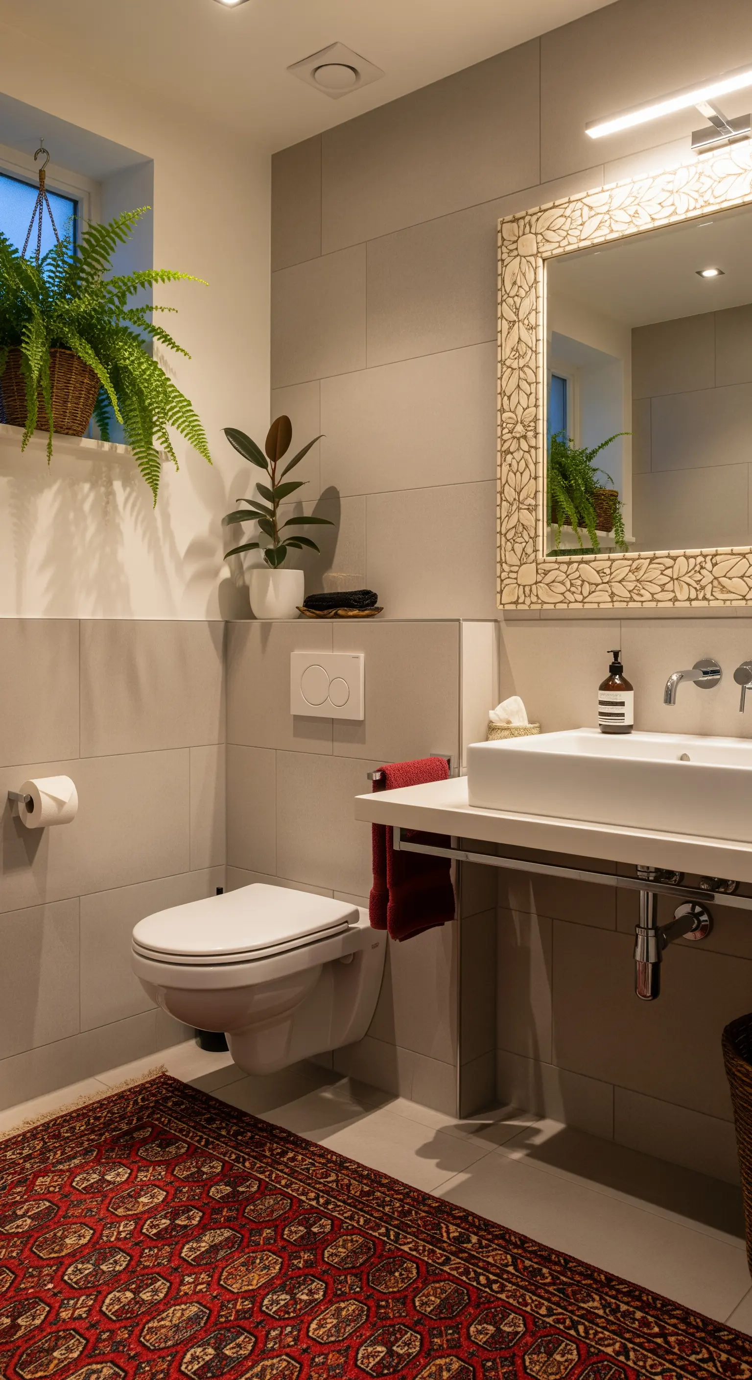 Bagno moderno con piastrelle grigie e un piccolo tappeto persiano rosso a terra.