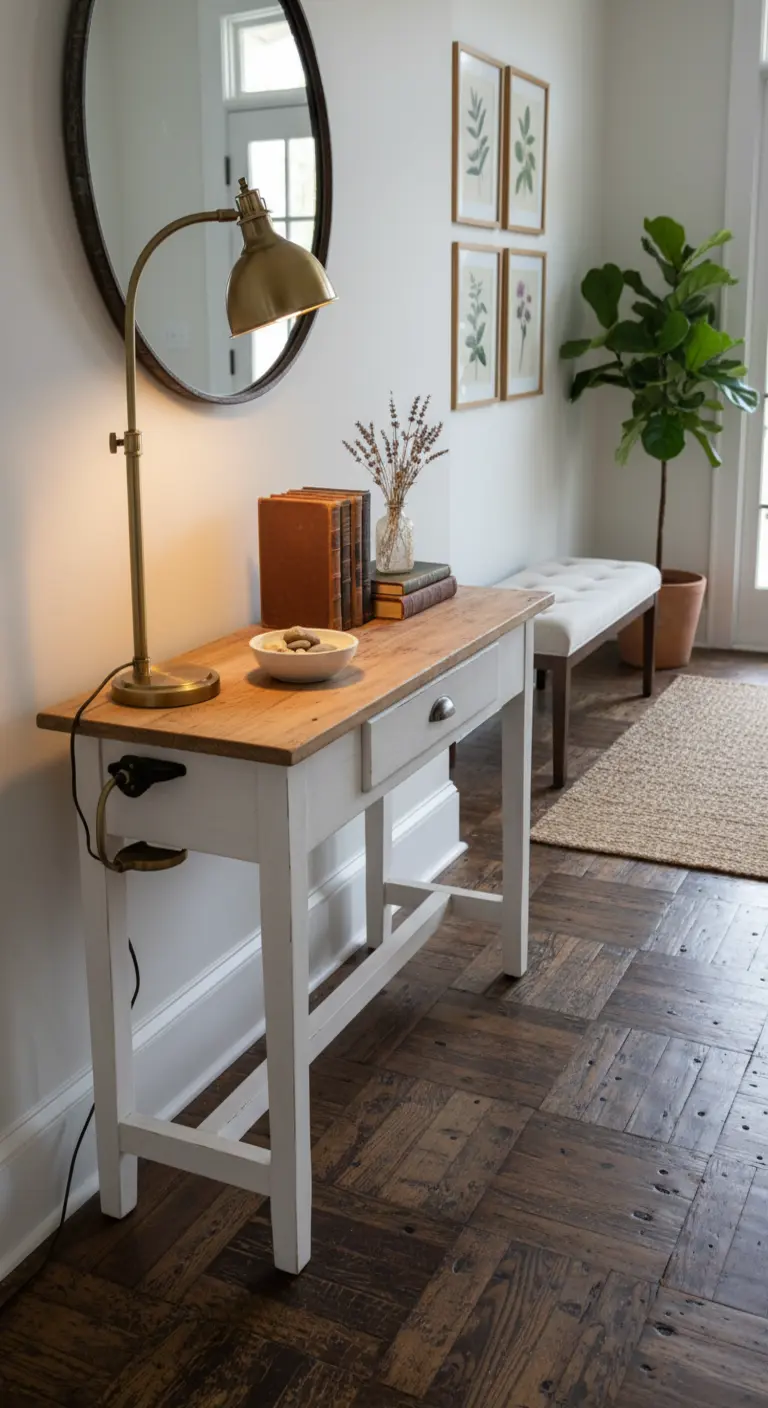 Consolle bianca e legno con lampada da lavoro in ottone, specchio rotondo e panca imbottita.