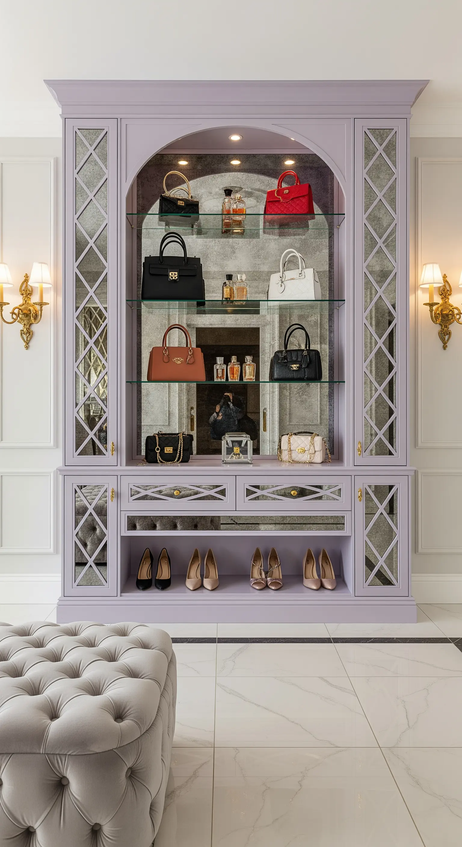 Mobile espositore color lilla con dettagli a specchio e vano centrale ad arco per borse.