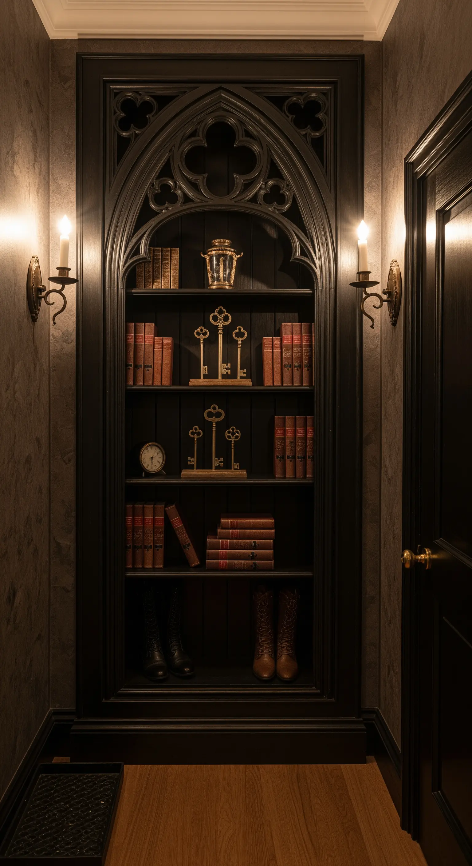 Libreria a nicchia nera con arco gotico, illuminata da applique a candela e contenente libri antichi.