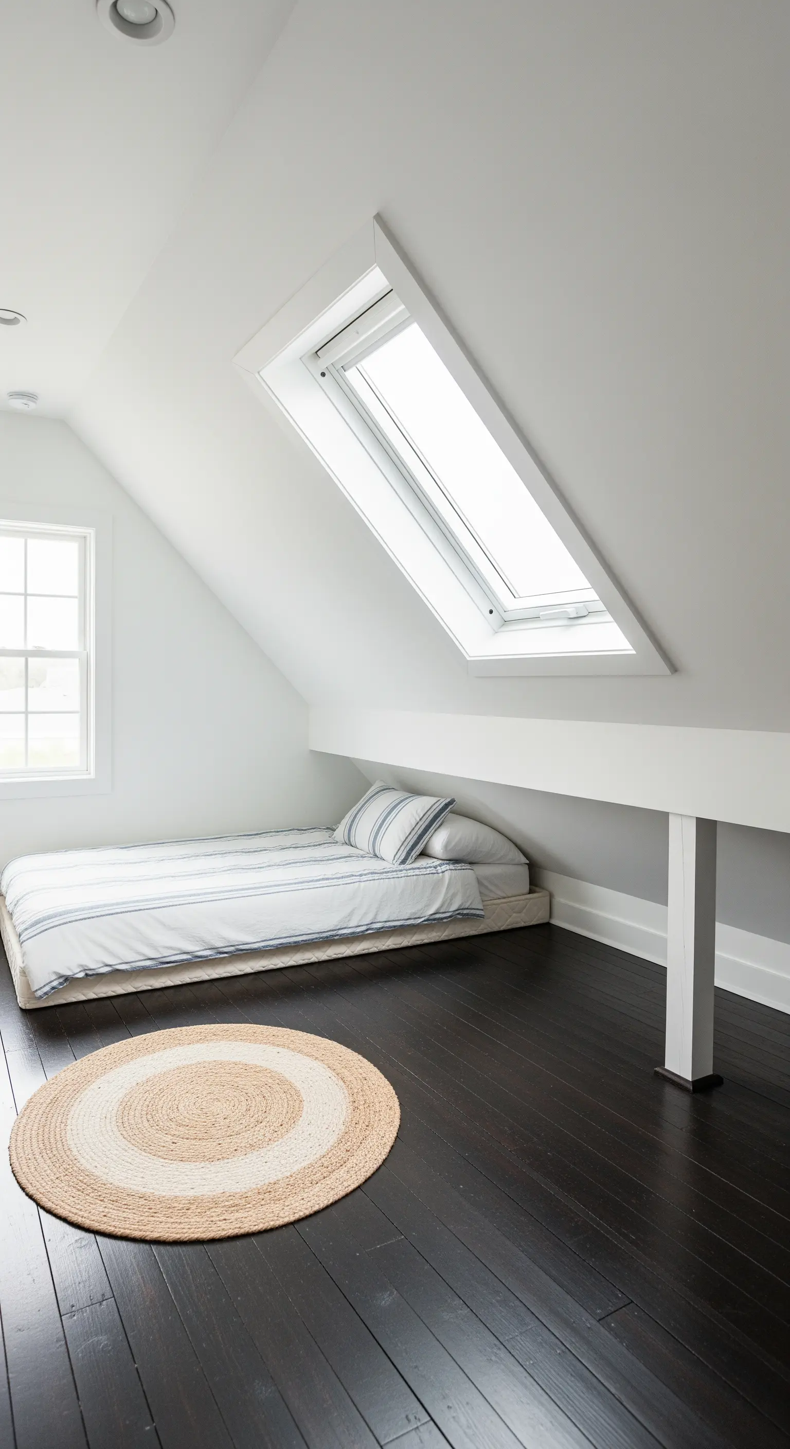 Letto basso in una mansarda bianca con parquet scuro e un piccolo tappeto rotondo in iuta
