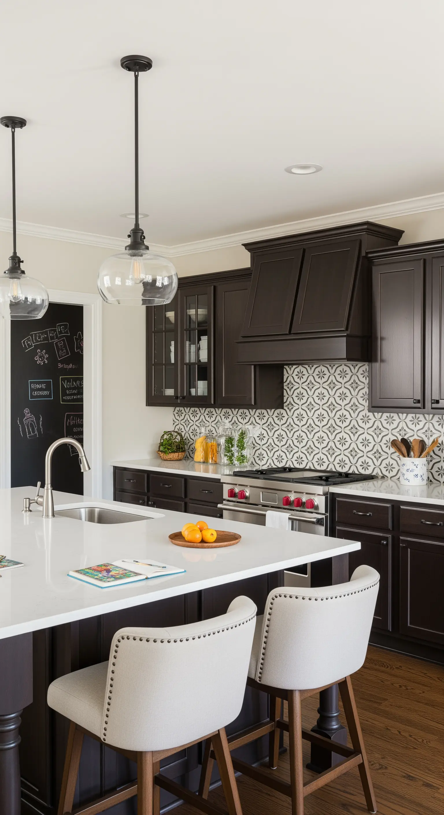 Cucina con mobili scuri, isola bianca e una porta dipinta con vernice lavagna.