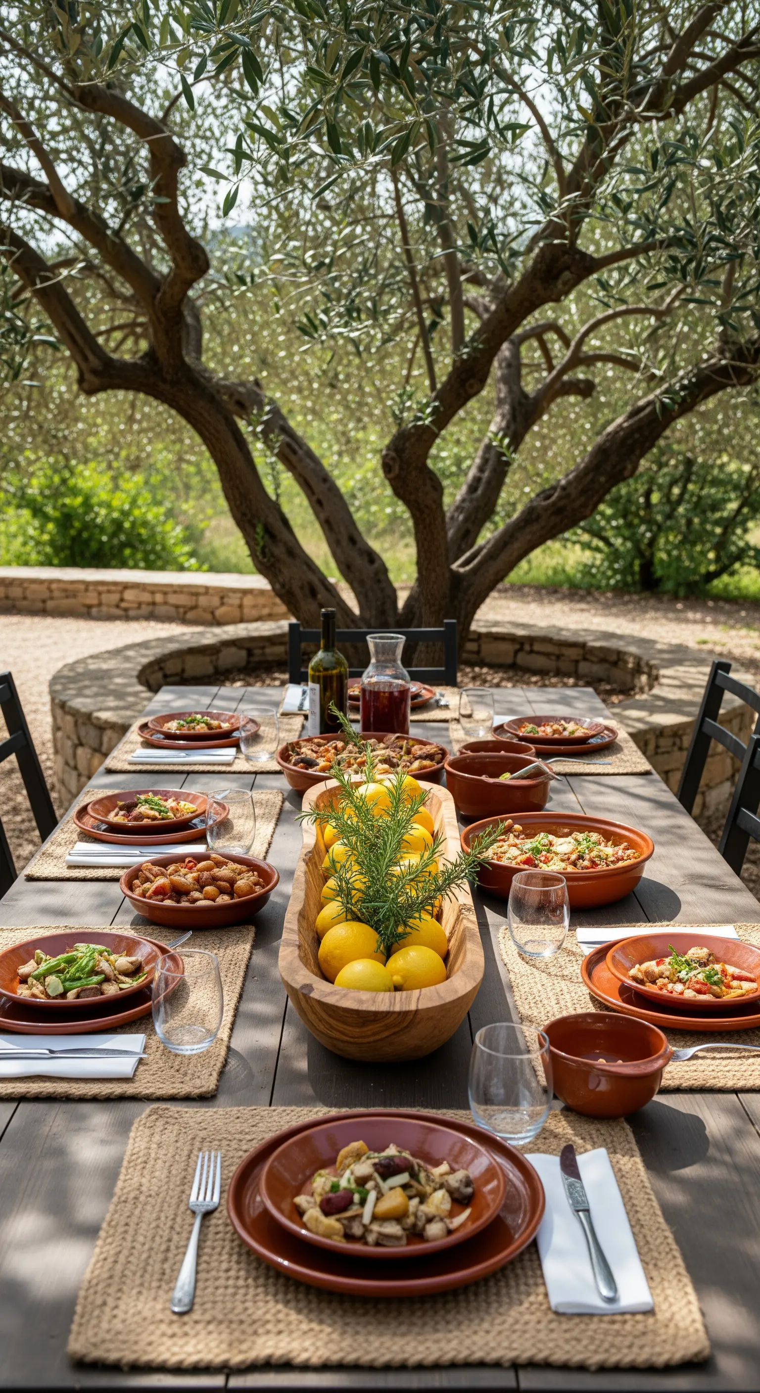 Tavola all'aperto sotto un ulivo, con centrotavola di limoni in una ciotola di legno.