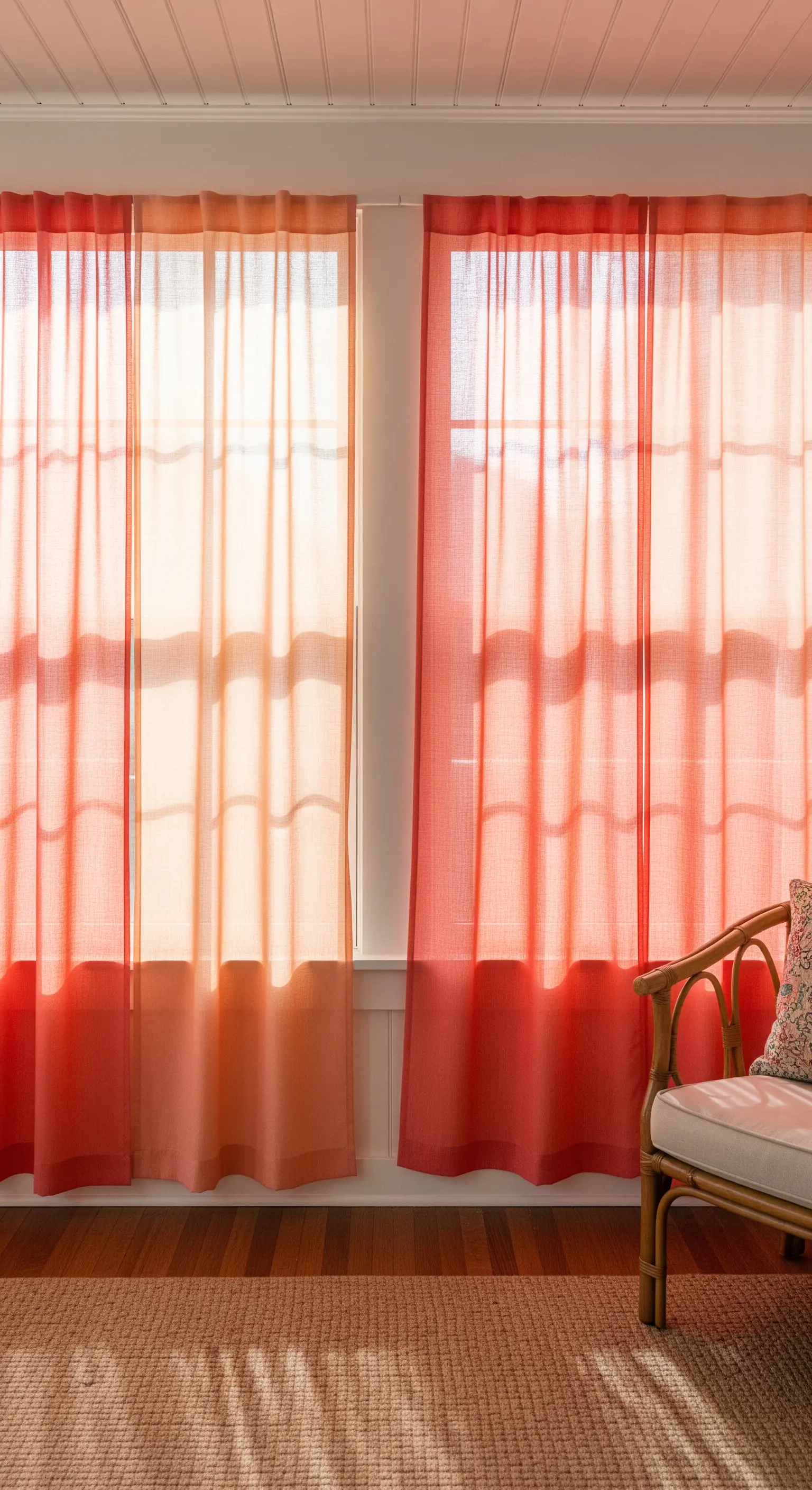 Tende velate con una sfumatura di colore che va dal pesca al corallo, illuminate dal sole.