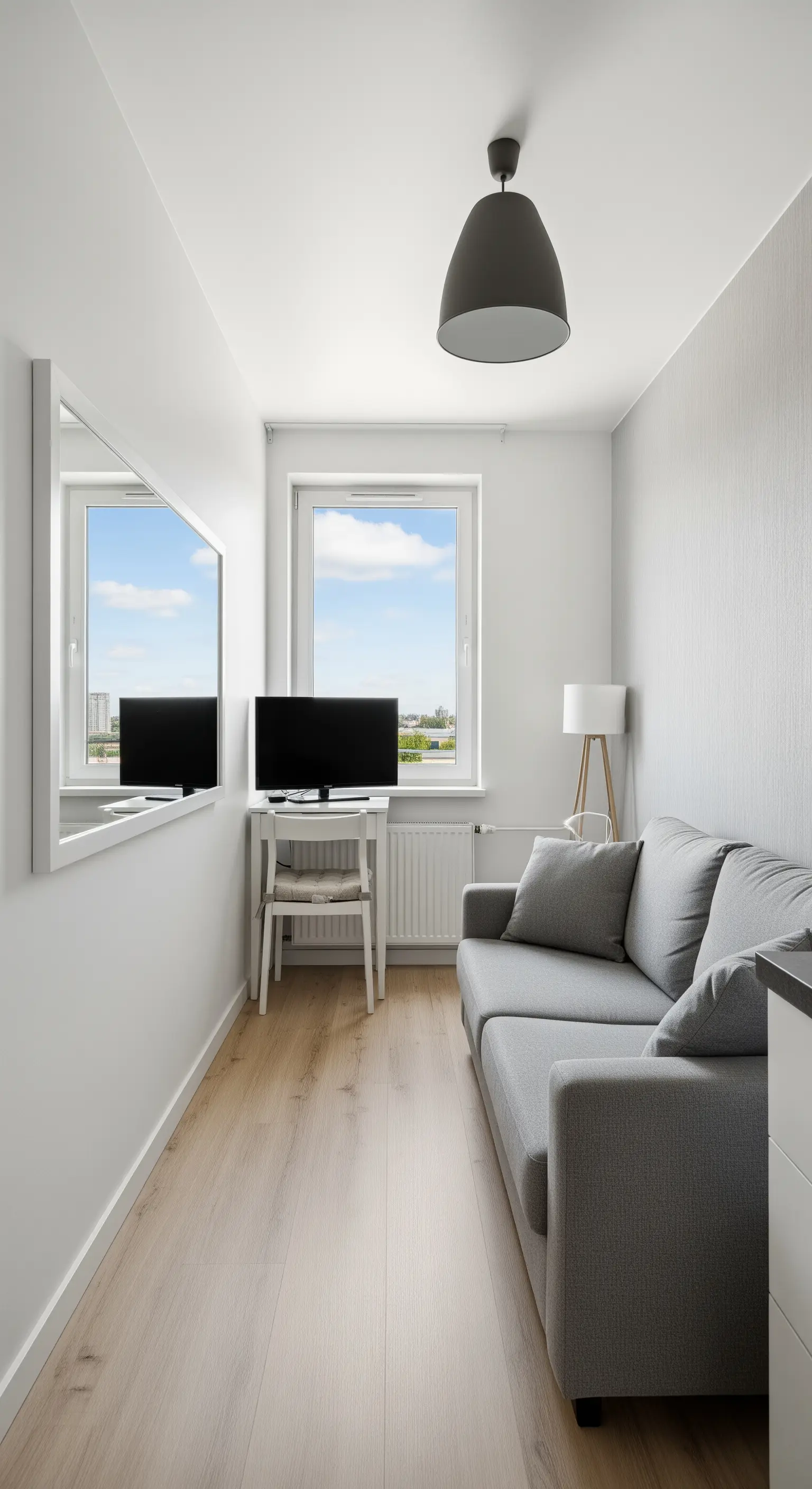 Specchio orizzontale in un soggiorno stretto e lungo per allargare visivamente lo spazio.