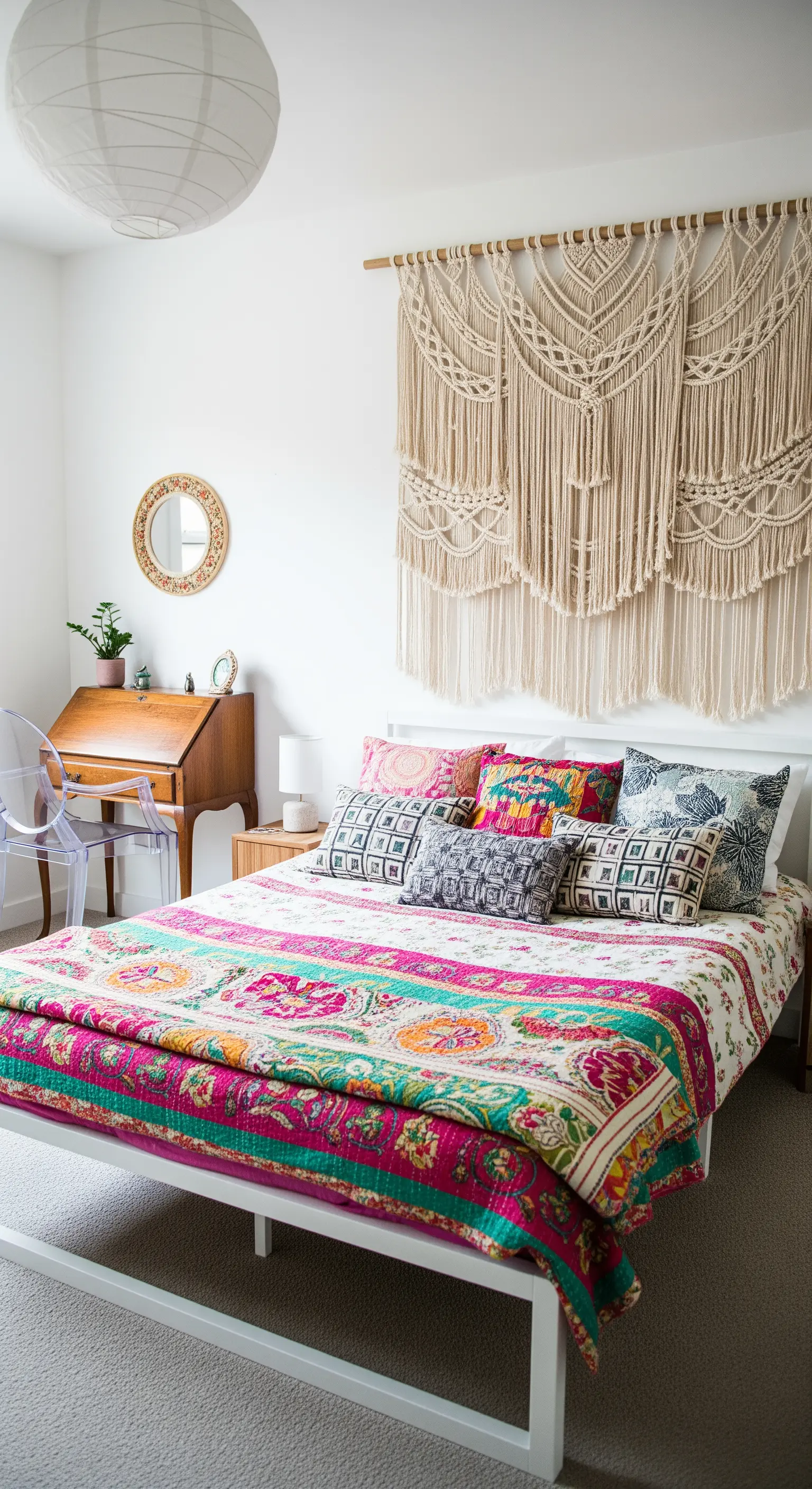 Angolo studio con scrivania vintage, sedia Ghost trasparente e decorazione in macramè alla parete.