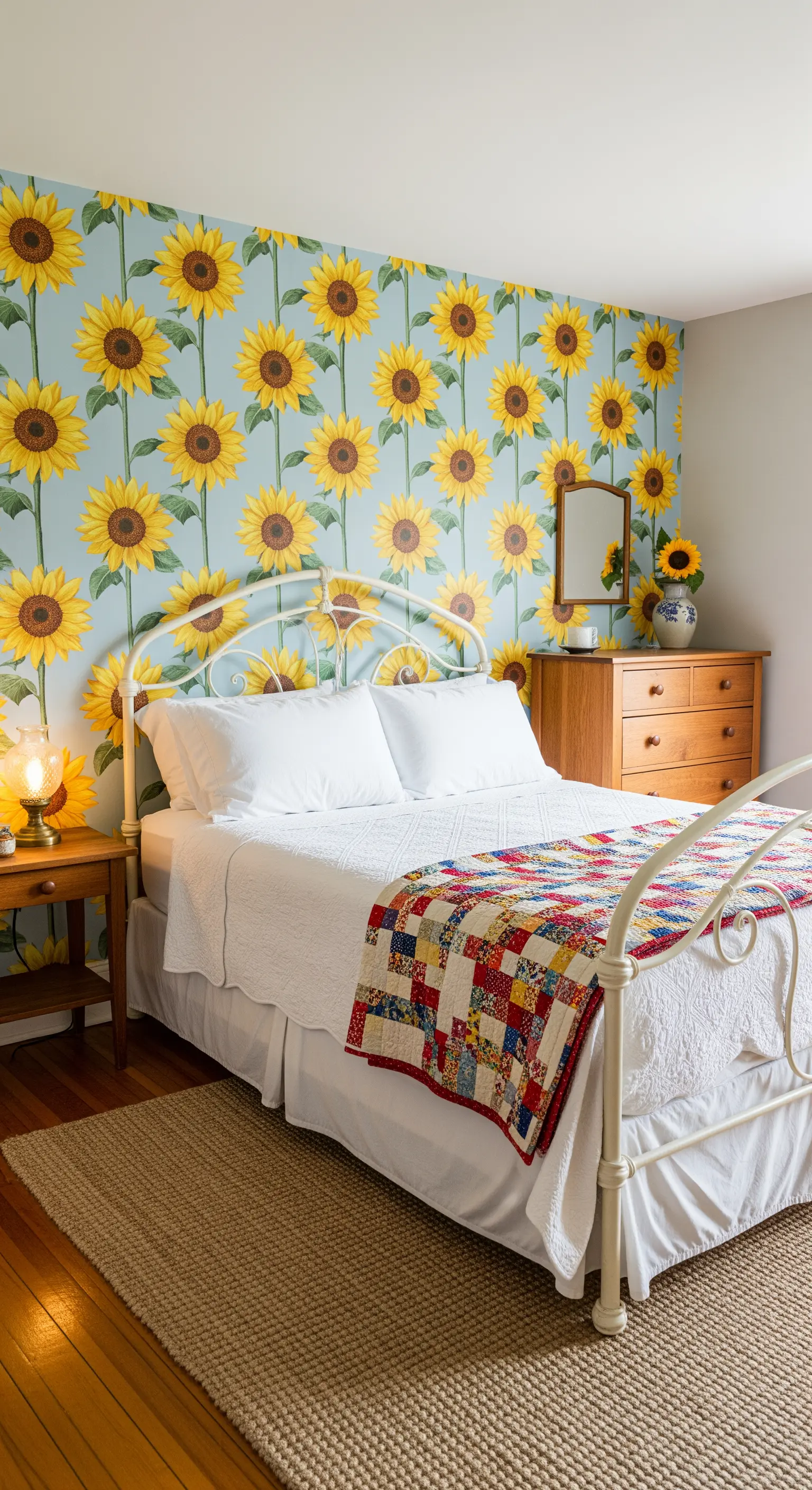 Camera in stile country con carta da parati a girasoli e letto in ferro battuto bianco.