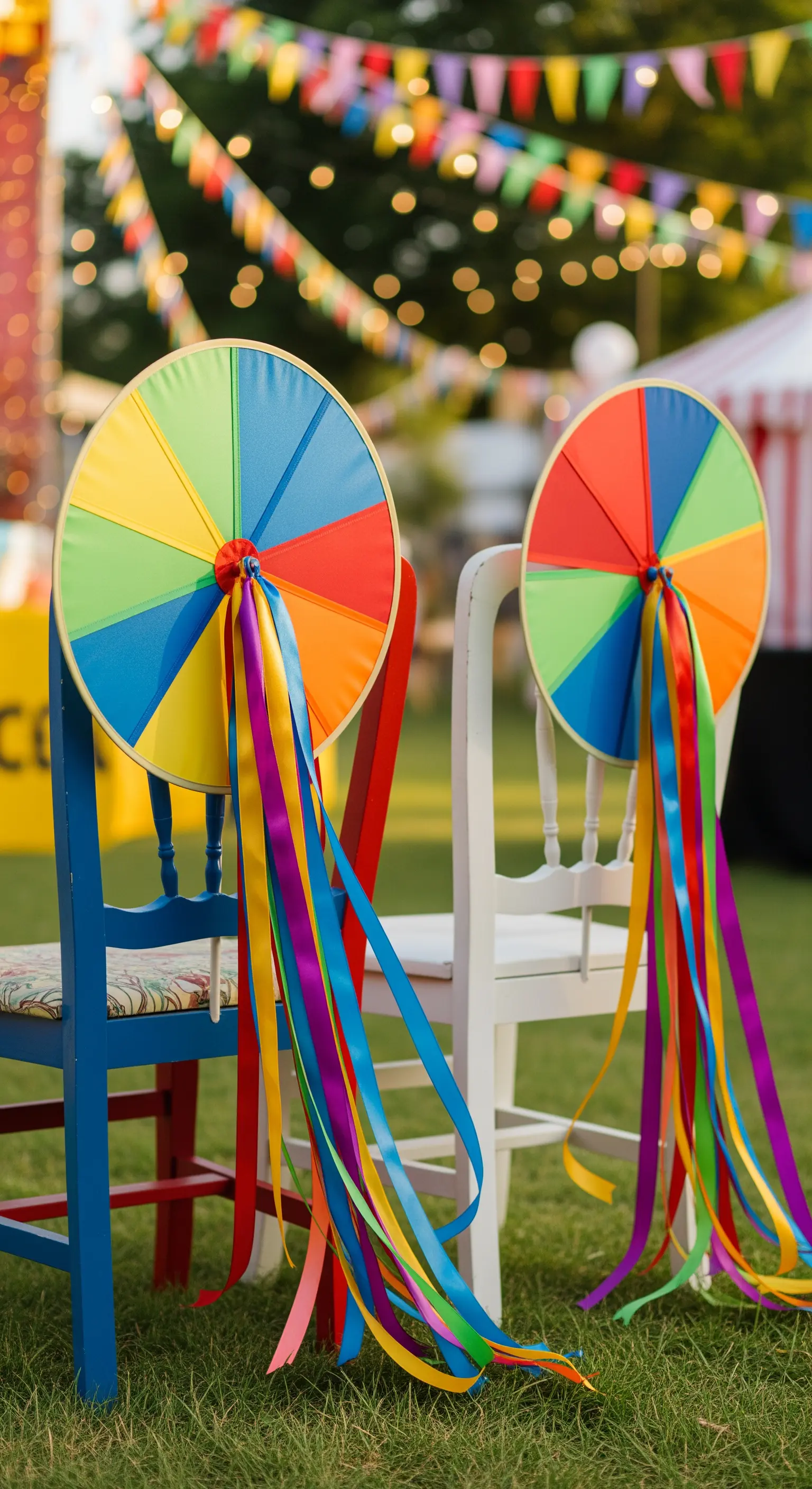 Sedie colorate con girandole arcobaleno e nastri vivaci in un contesto di festa all'aperto.
