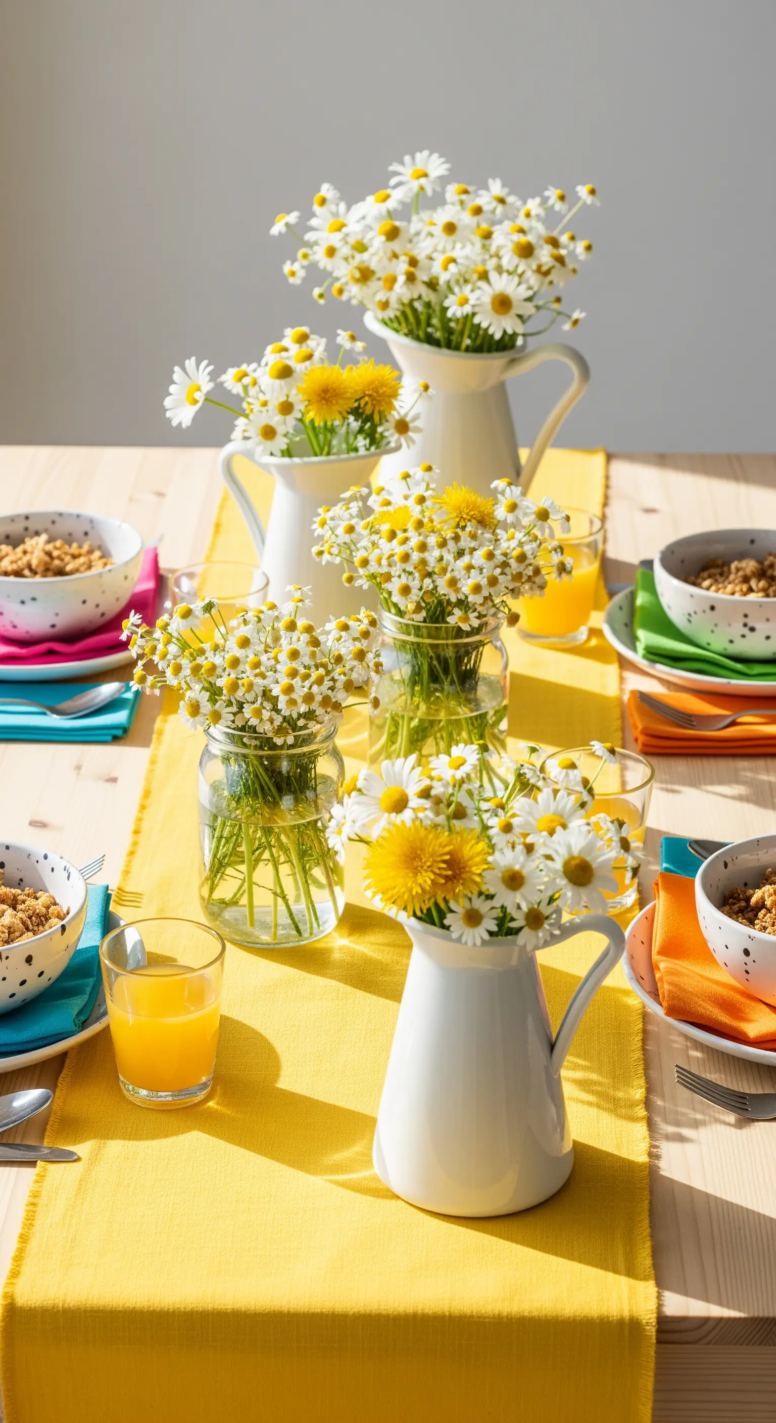 Tavola con runner giallo e brocche bianche piene di margherite e fiori di campo.