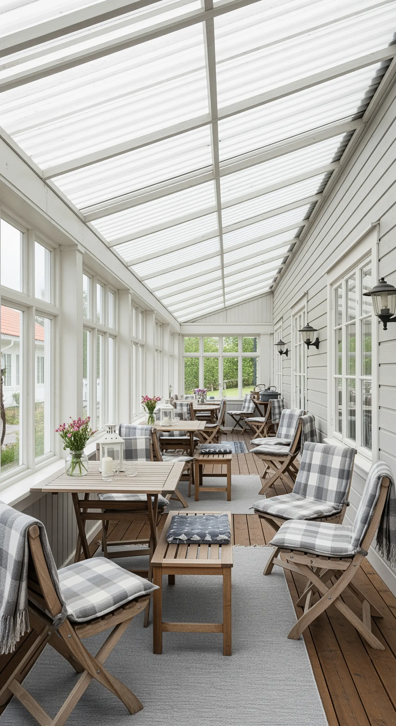 Lunga veranda con più set di tavoli e sedie in legno, tutti con cuscini a quadri.