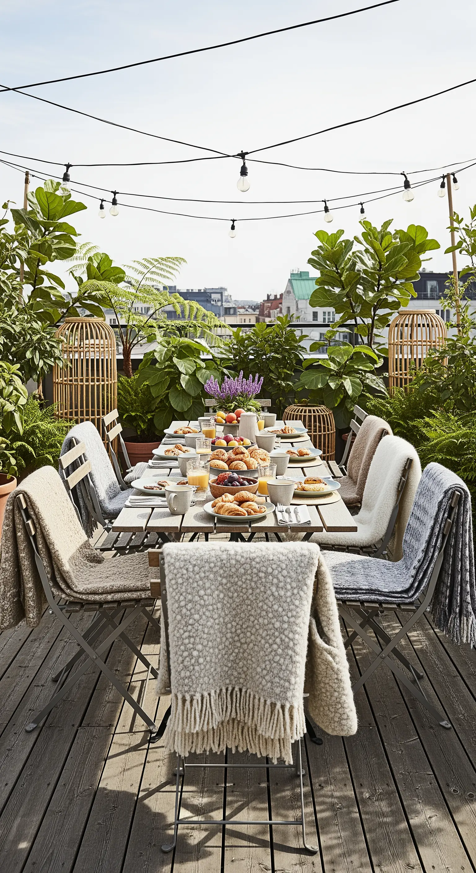 Grande tavolo da pranzo su una terrazza, con sedie pieghevoli, coperte e piante in vaso.
