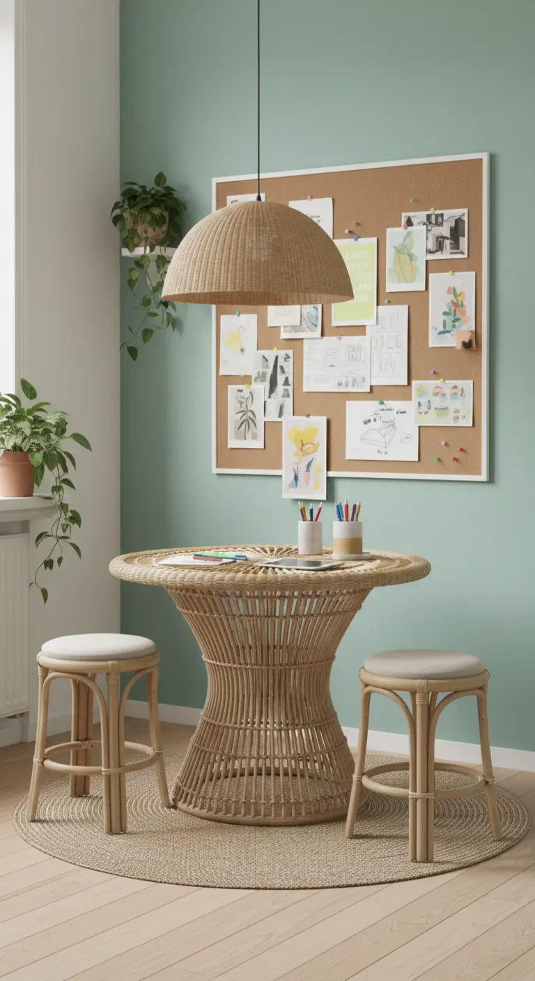 Tavolo rotondo in rattan con sgabelli per bambini, di fronte a una bacheca di sughero.