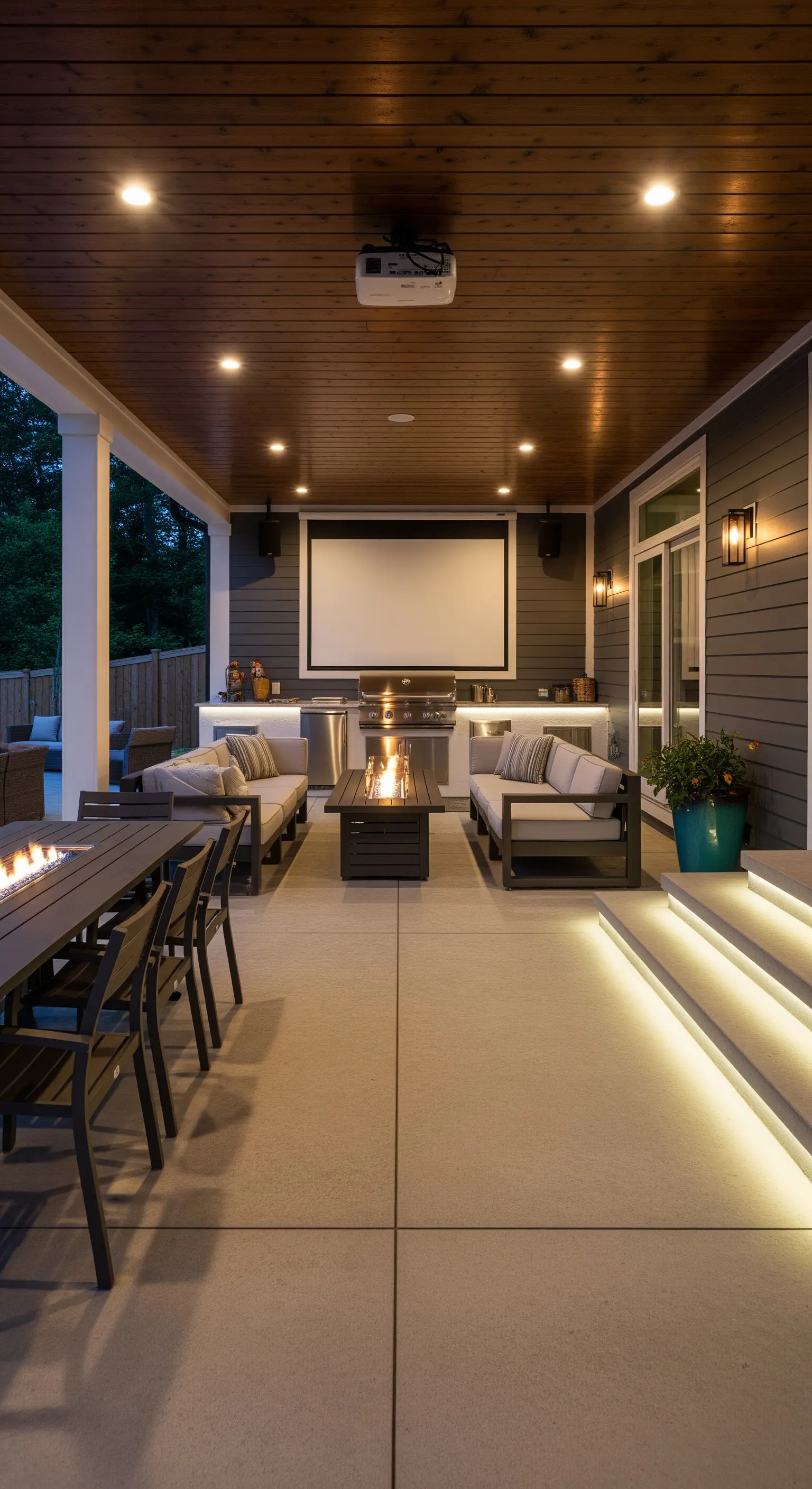 Portico moderno con schermo per proiettore, divani, braciere e cucina esterna