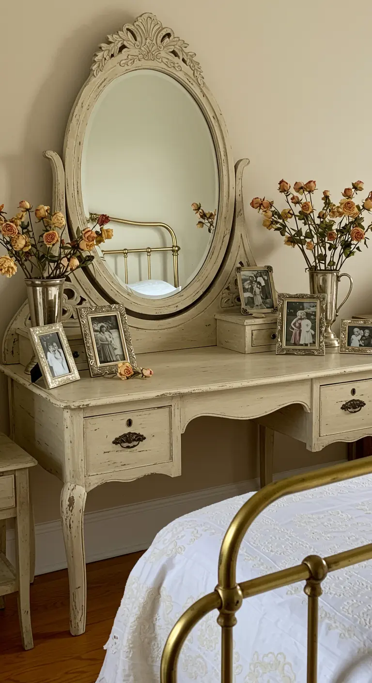 Toeletta vintage decapé color crema con specchio ovale e piccole cornici con foto in bianco e nero.