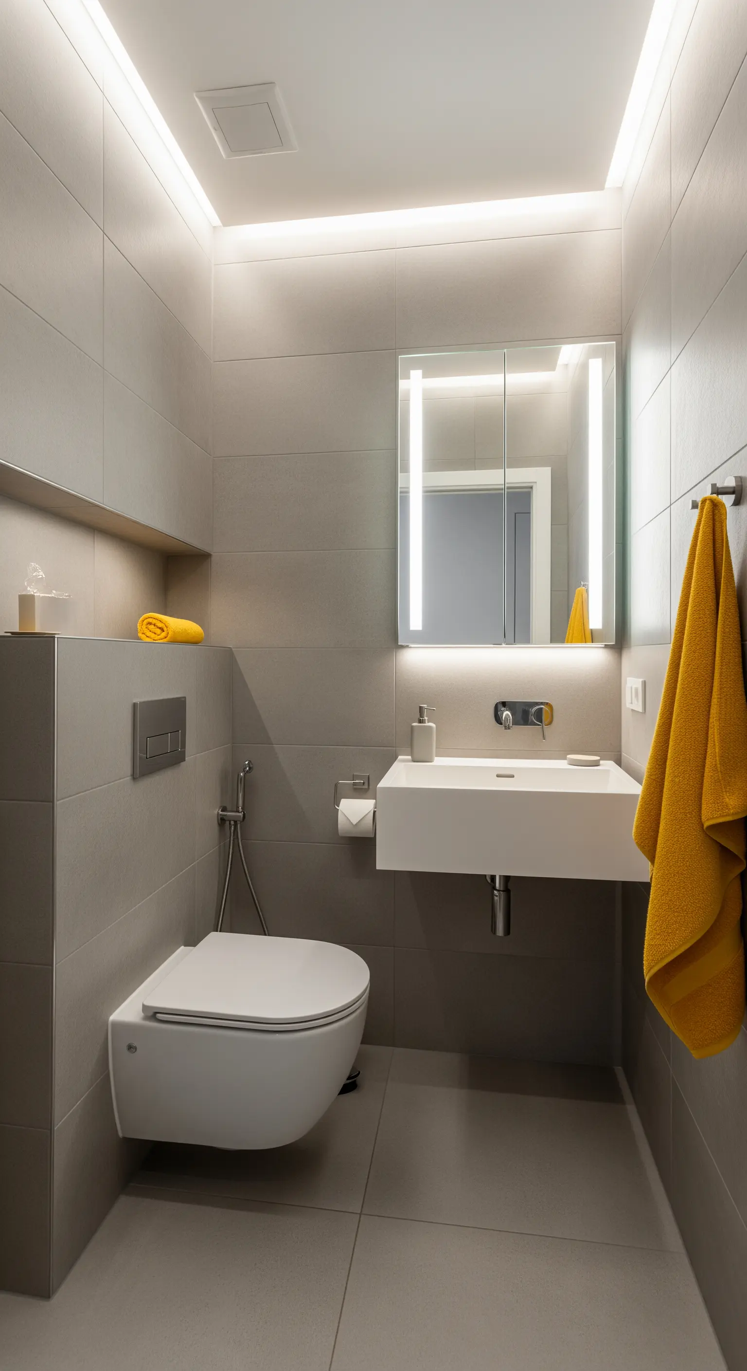 Bagno piccolo con WC sospeso, lavabo bianco e illuminazione a LED sul soffitto.