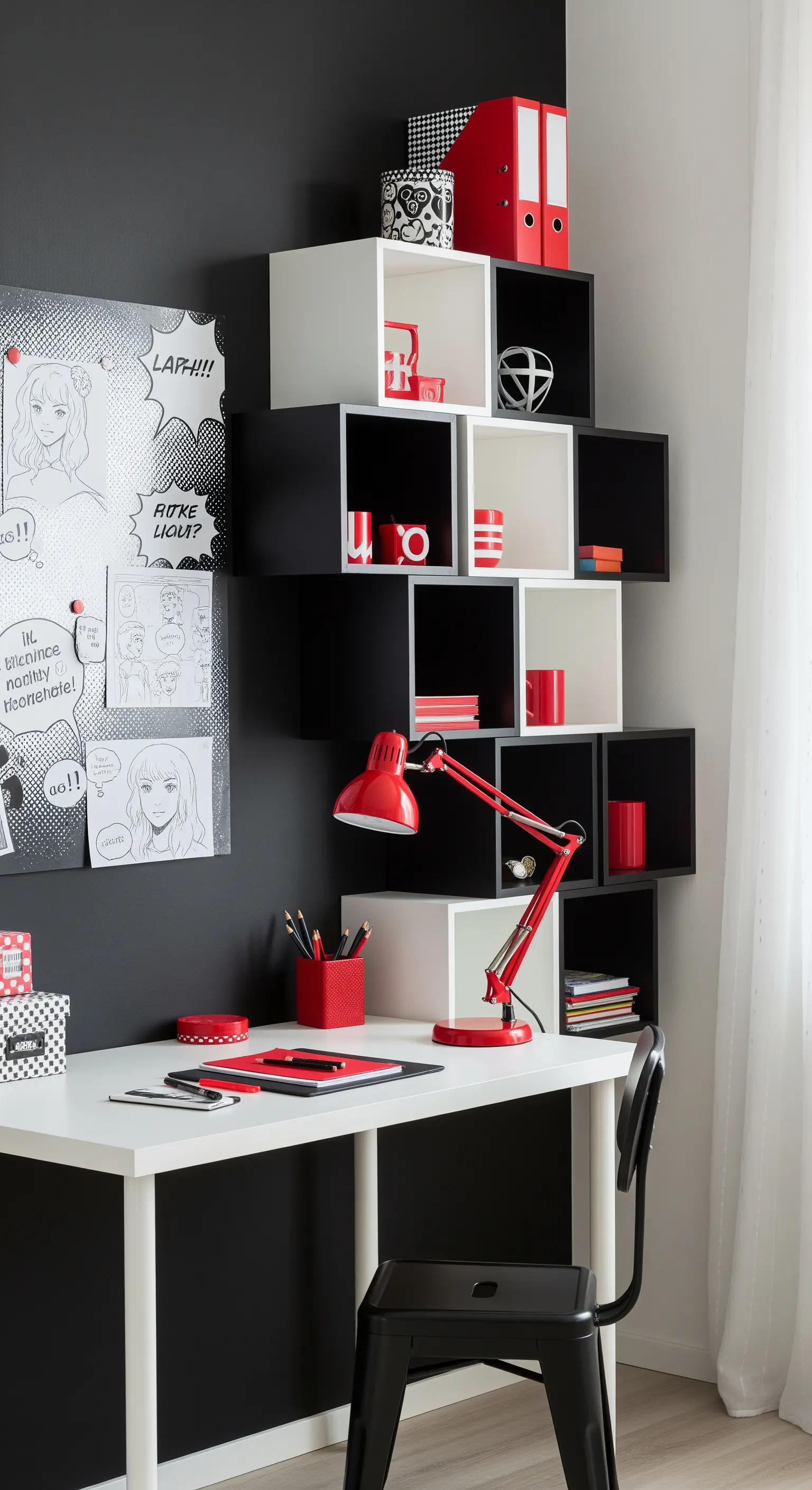 Angolo studio con parete nera, scaffali modulari bianchi e neri, e accenti rossi.