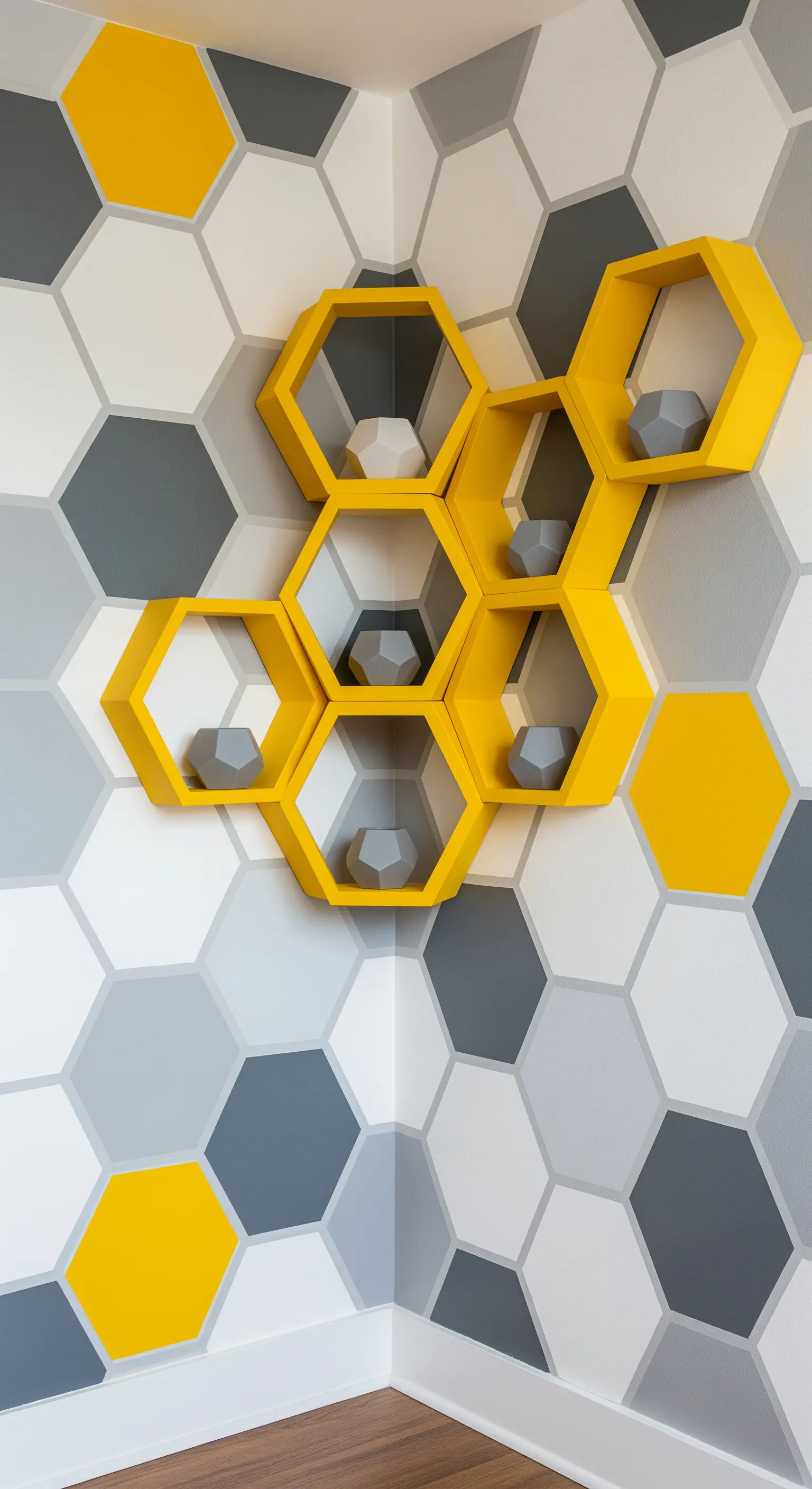 Mensole esagonali gialle su una parete con un murale a nido d'ape grigio, bianco e giallo.