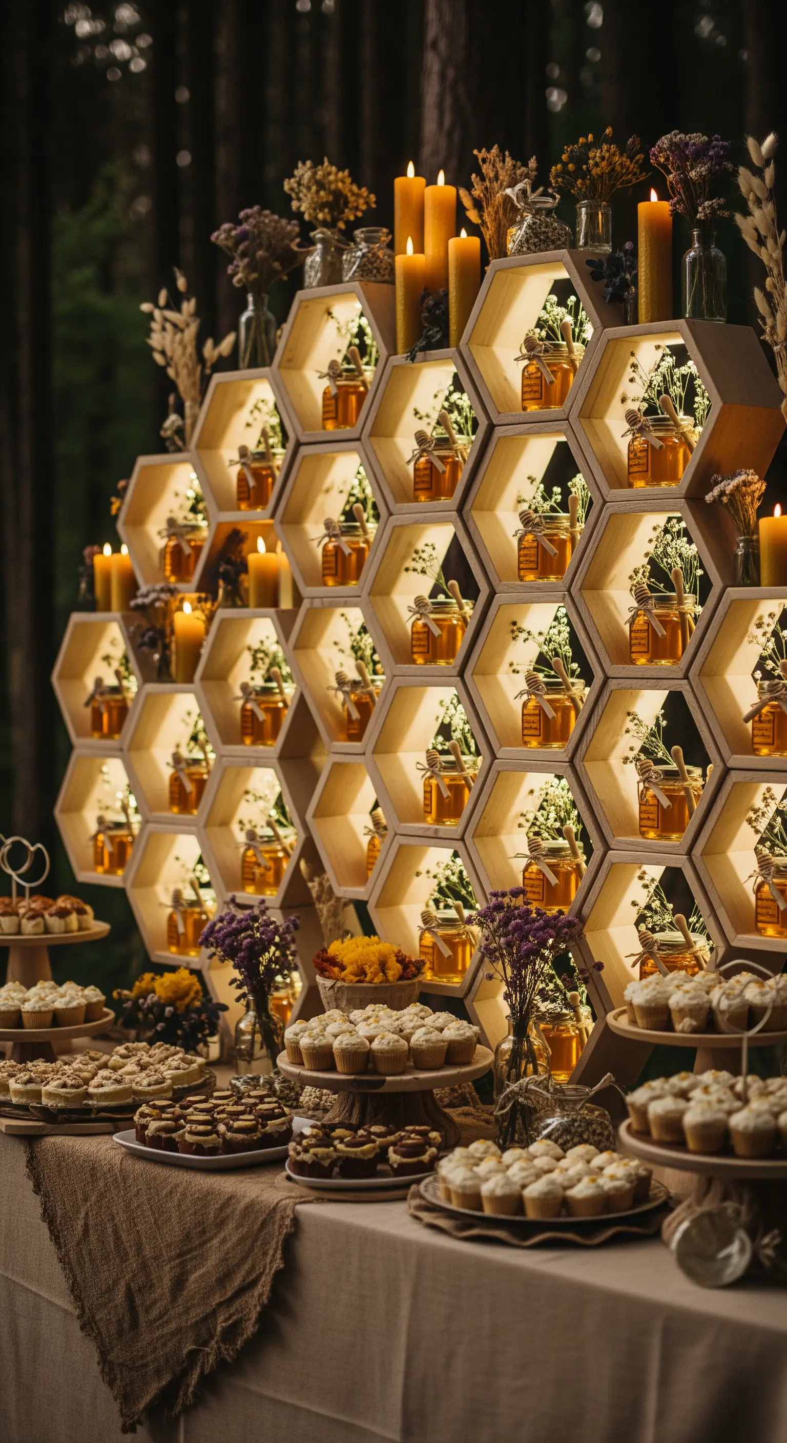 Scaffale a nido d'ape illuminato con vasetti di miele come bomboniere per matrimonio.