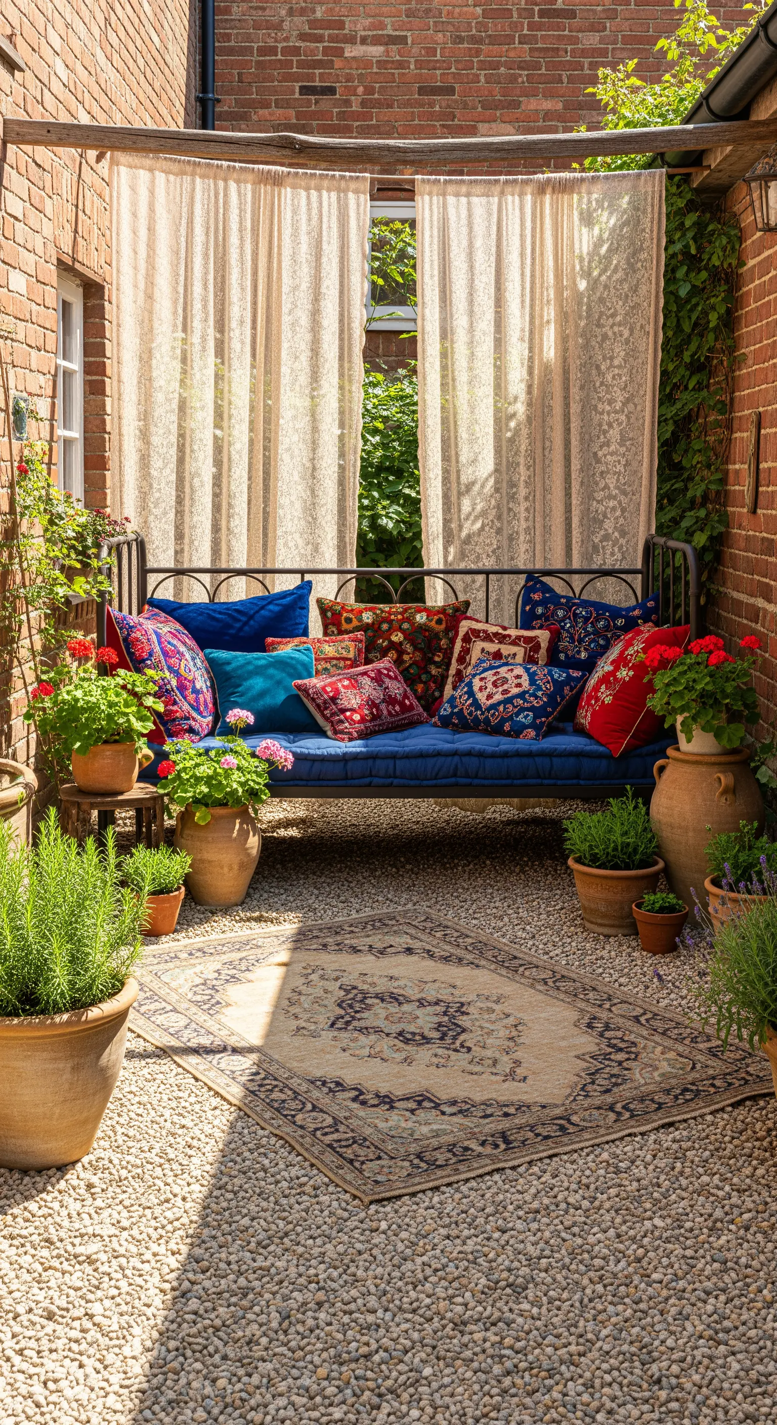 Cortile in mattoni con panca in ferro, cuscini etnici colorati e tappeto persiano su ghiaia