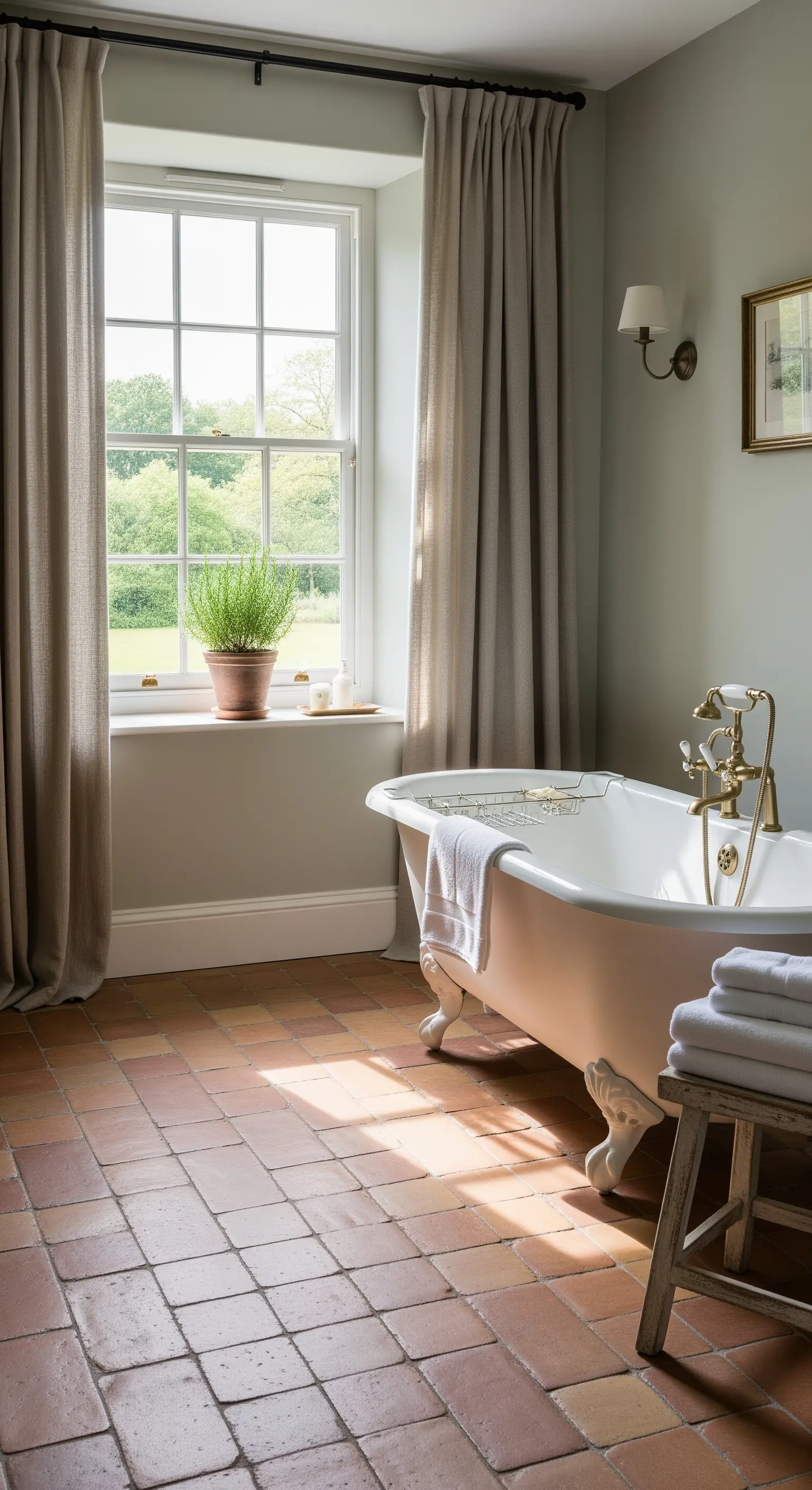 Bagno luminoso con pavimento in cotto, vasca con piedini e lunghe tende di lino alla finestra.