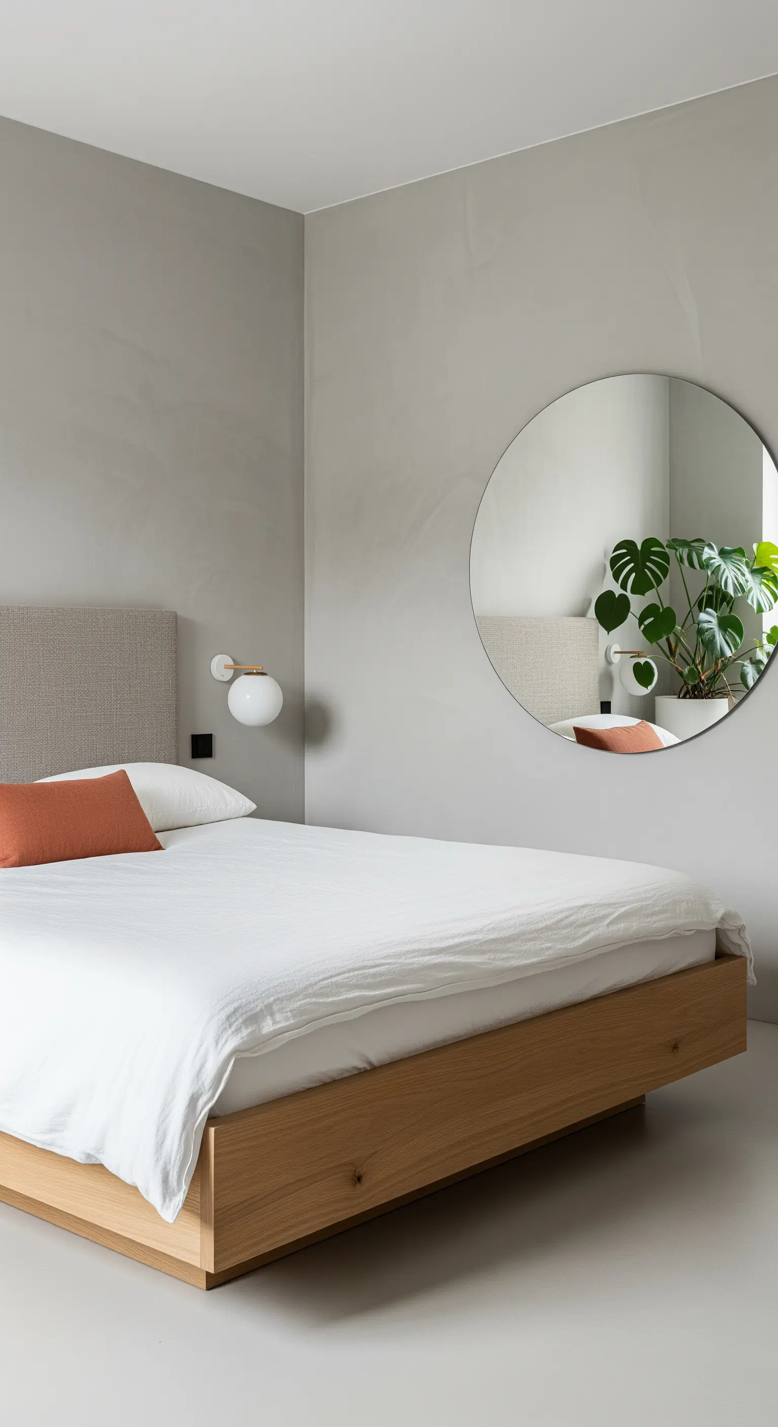 Letto con testiera in tessuto beige, specchio rotondo e parete in microcemento grigio chiaro.