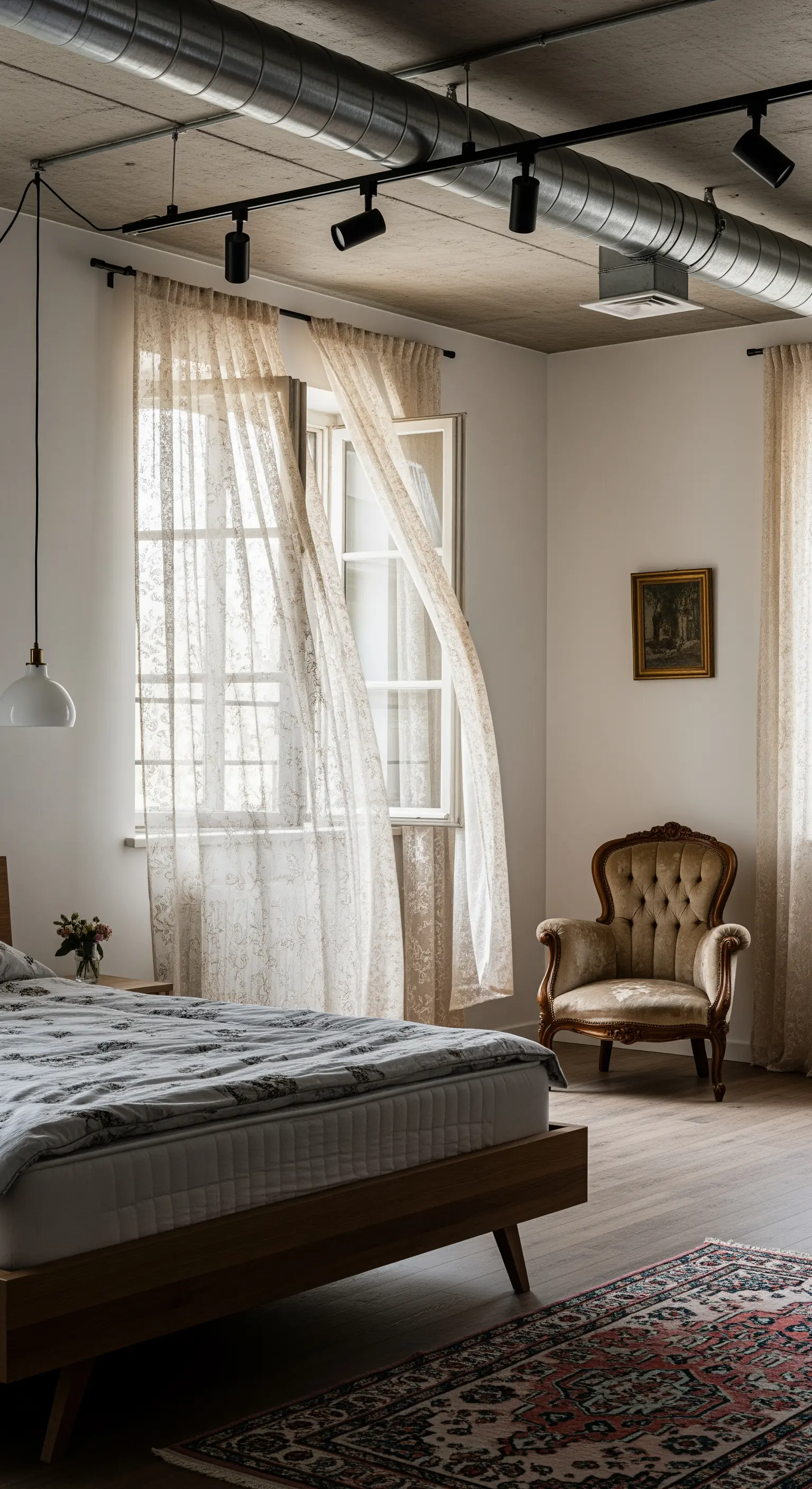 Poltrona vintage in velluto e tende in pizzo in una camera da letto con soffitto industriale.