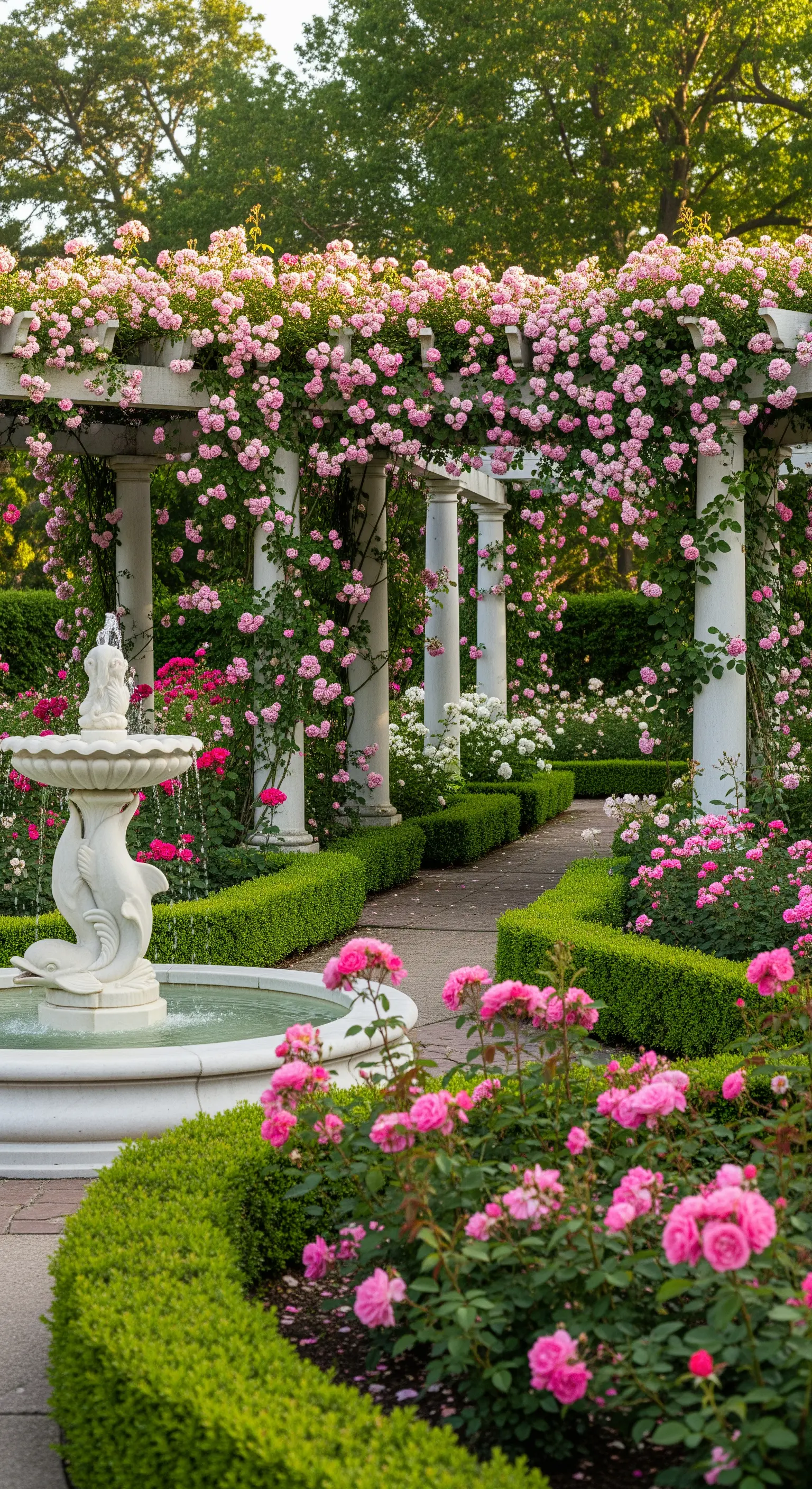 Pergola con colonne bianche ricoperta di rose rampicanti rosa e una fontana.