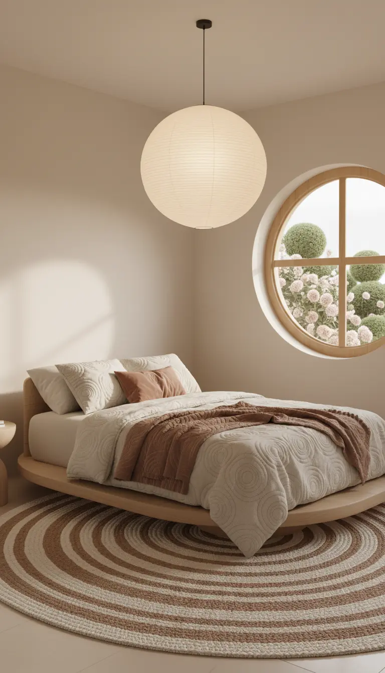 Letto basso con struttura arrotondata su un tappeto a cerchi, vicino a una finestra rotonda.