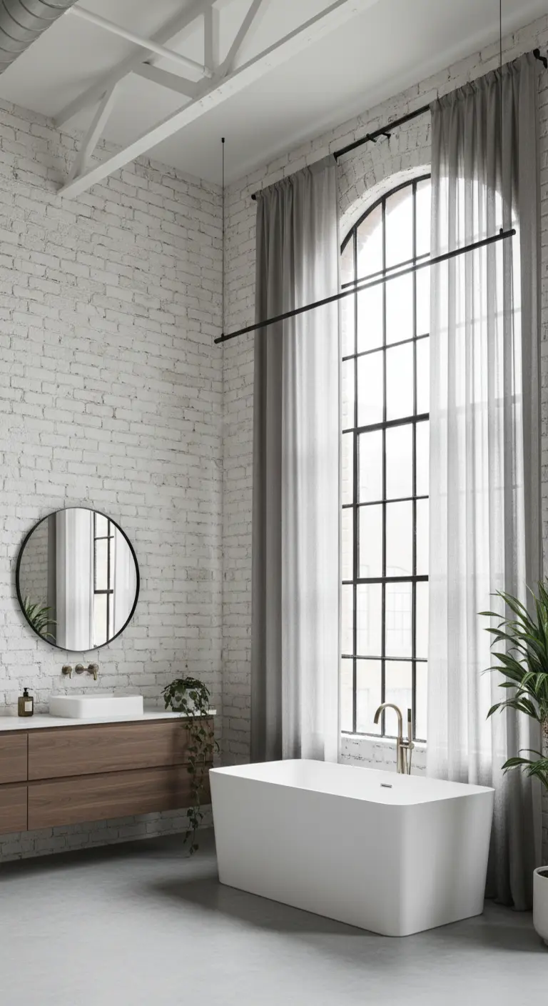 Bagno industriale con parete di mattoni bianchi, alta finestra ad arco e tende grigie a tutta altezza.
