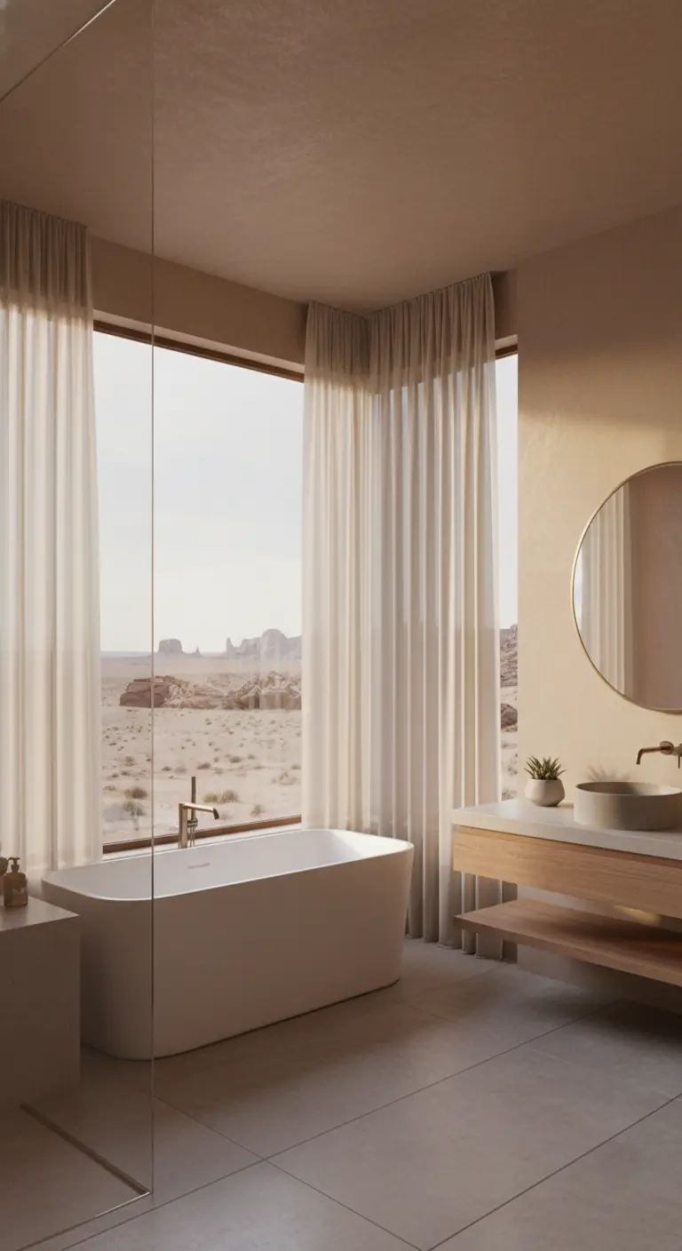 Bagno con ampia vetrata angolare affacciata su un paesaggio desertico, con tende color crema.