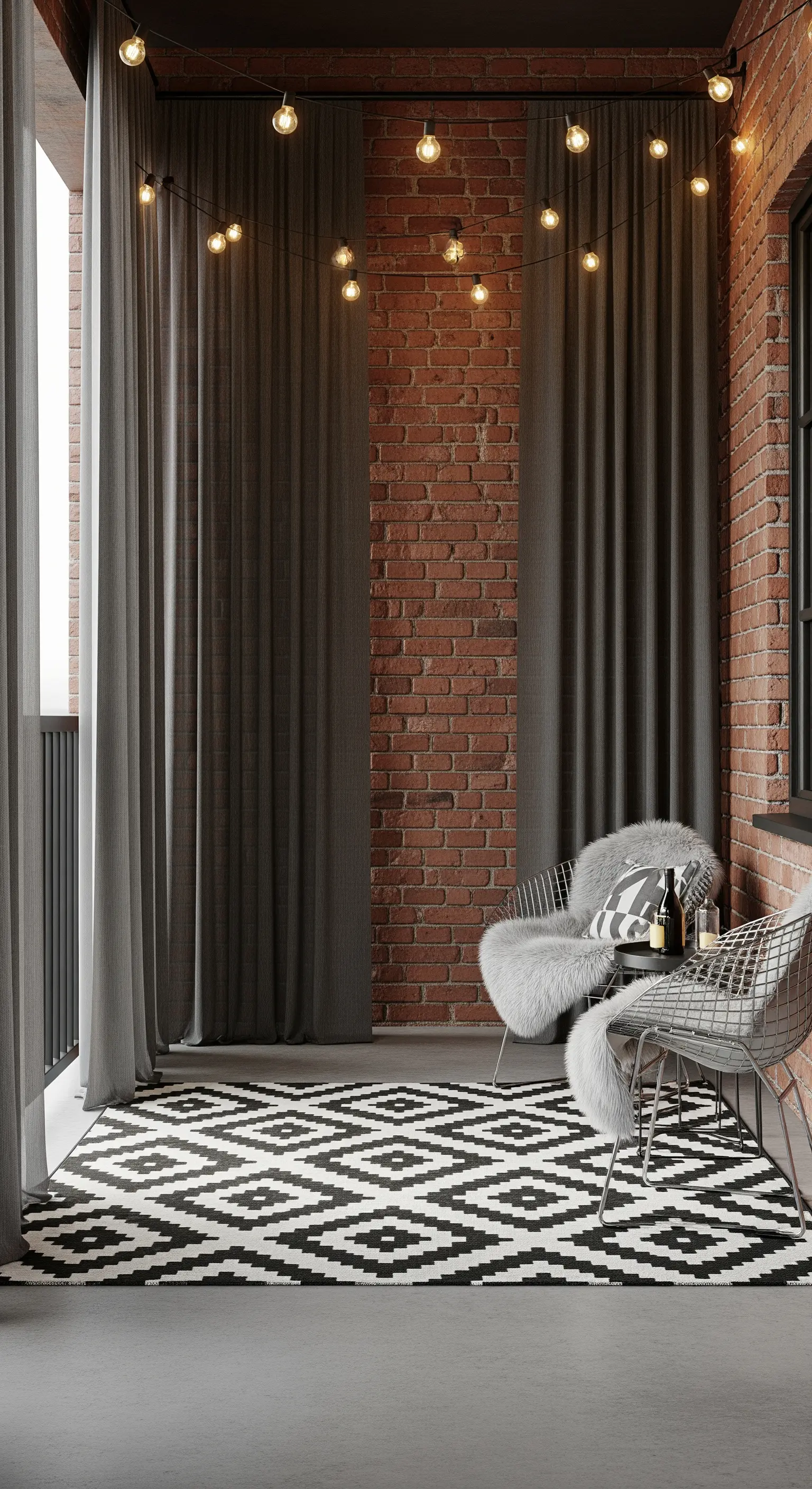 Balcone industriale con parete in mattoni, tende grigie e tappeto geometrico bianco e nero.