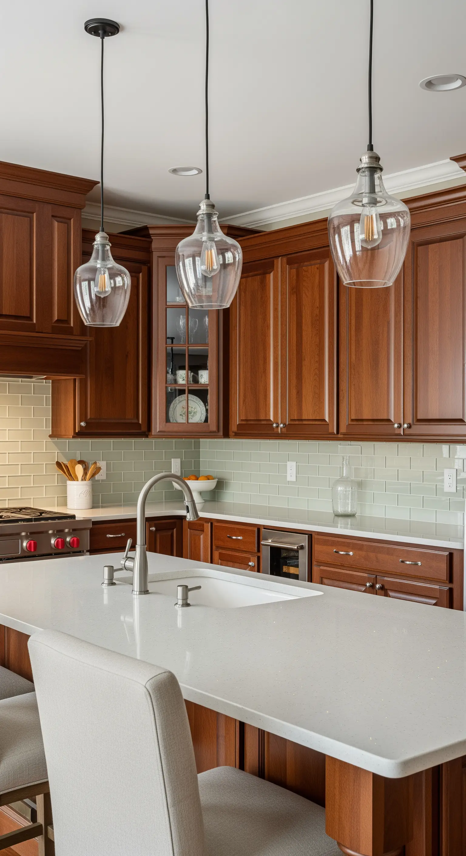 Cucina tradizionale in legno di ciliegio con un paraschizzi in vetro verde salvia.