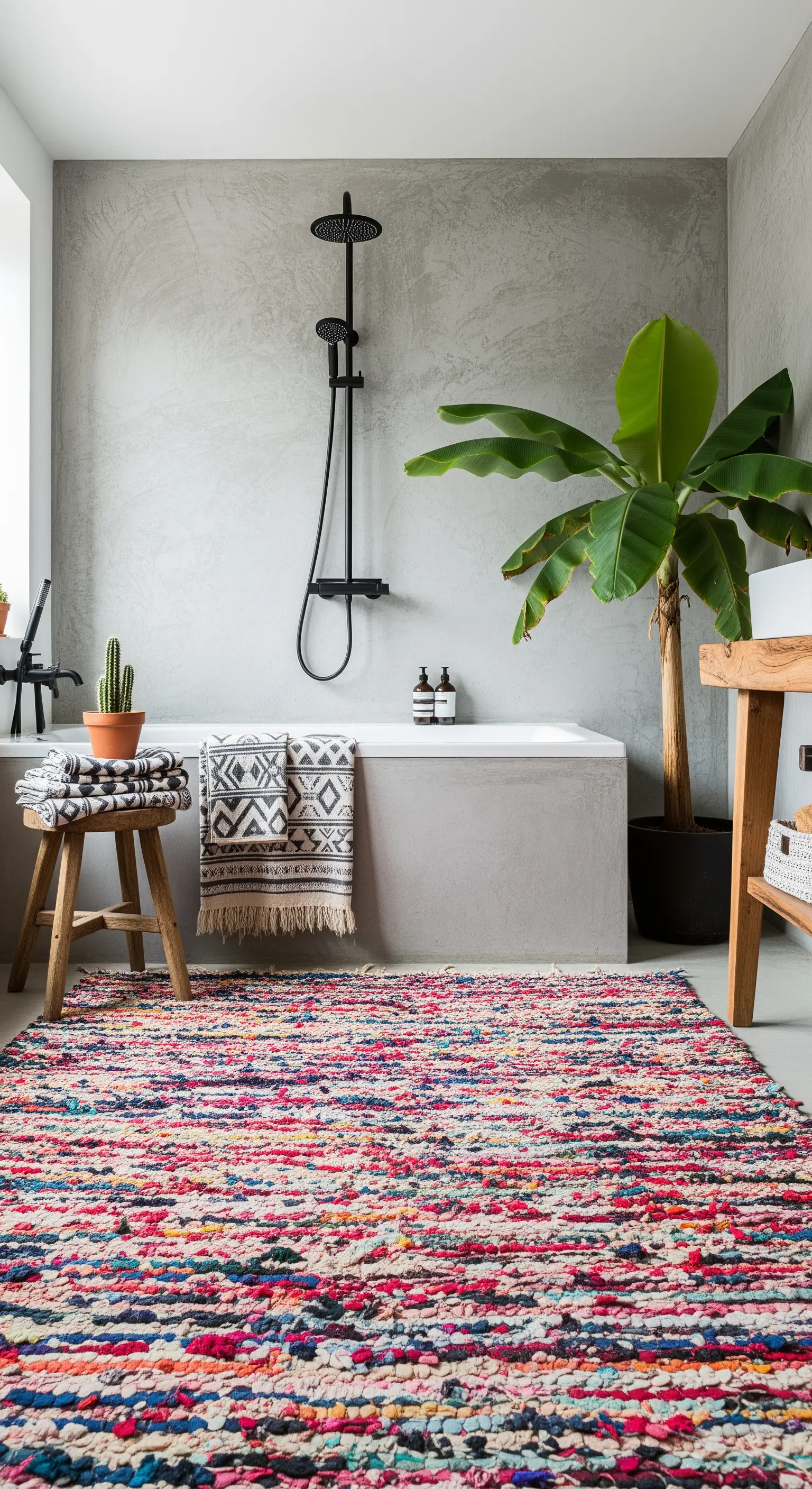 Bagno con pareti effetto cemento, doccia nera e un tappeto multicolore in tessuto riciclato.