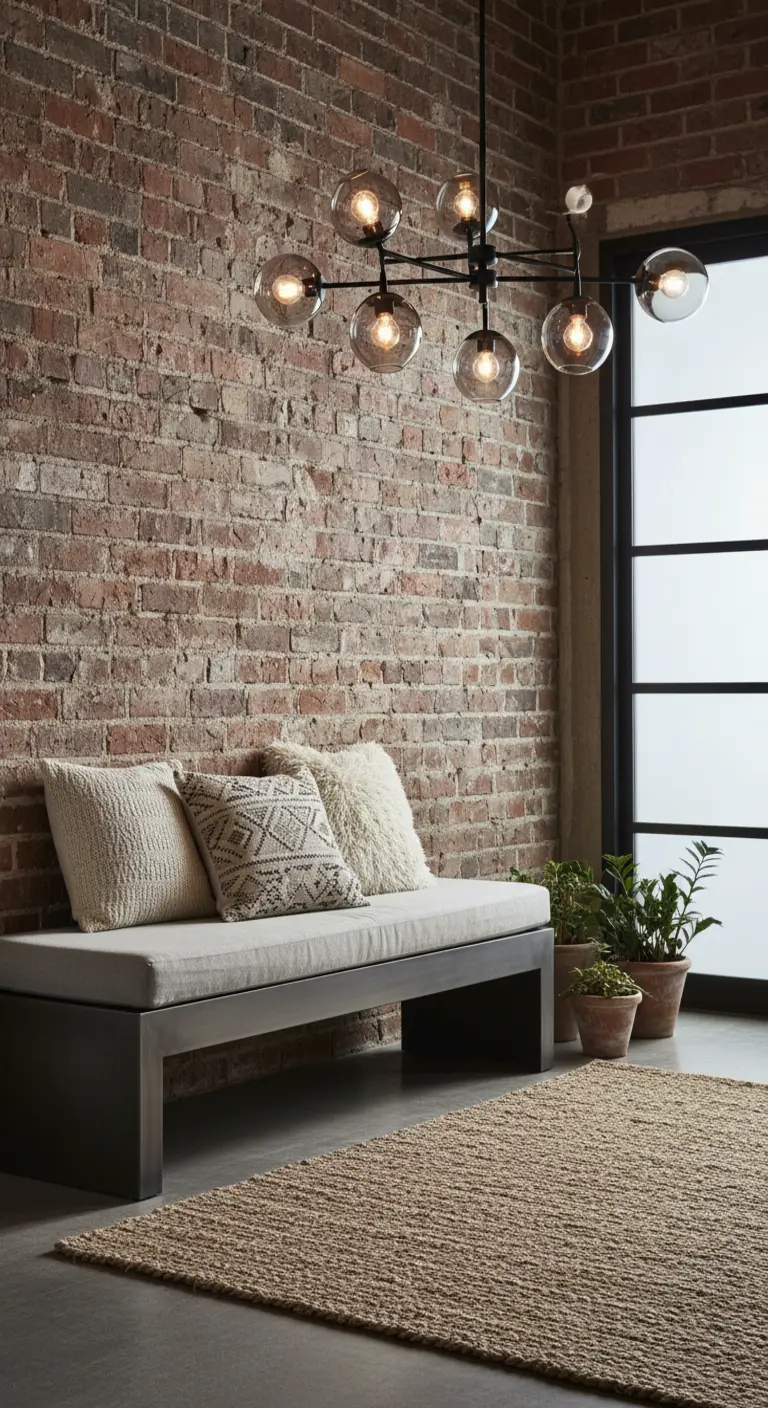 Panca con cuscini morbidi e tappeto in juta davanti a una parete di mattoni.