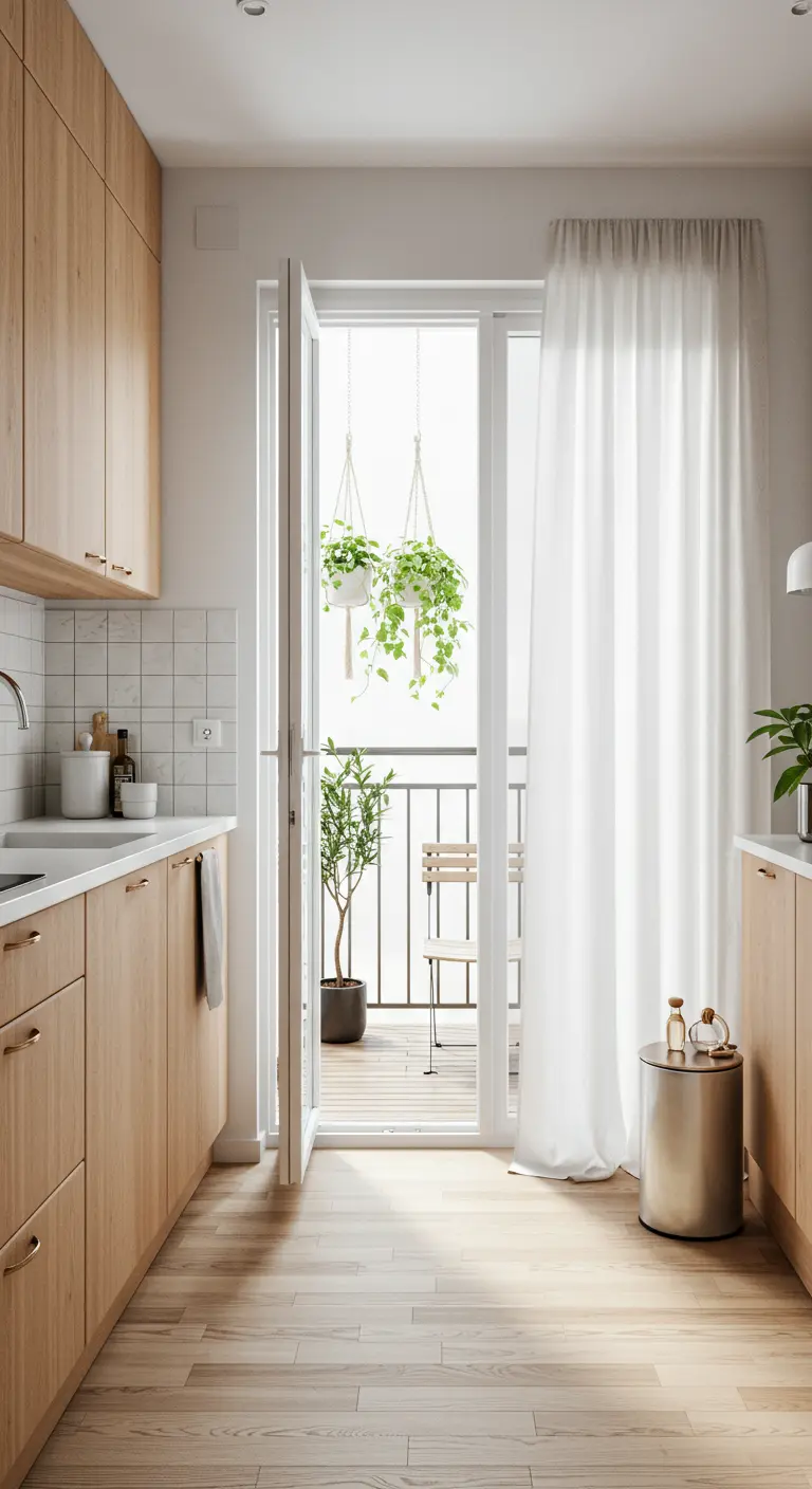 Cucina in legno con portafinestra che dà su un balcone, schermata da una tenda bianca leggera.