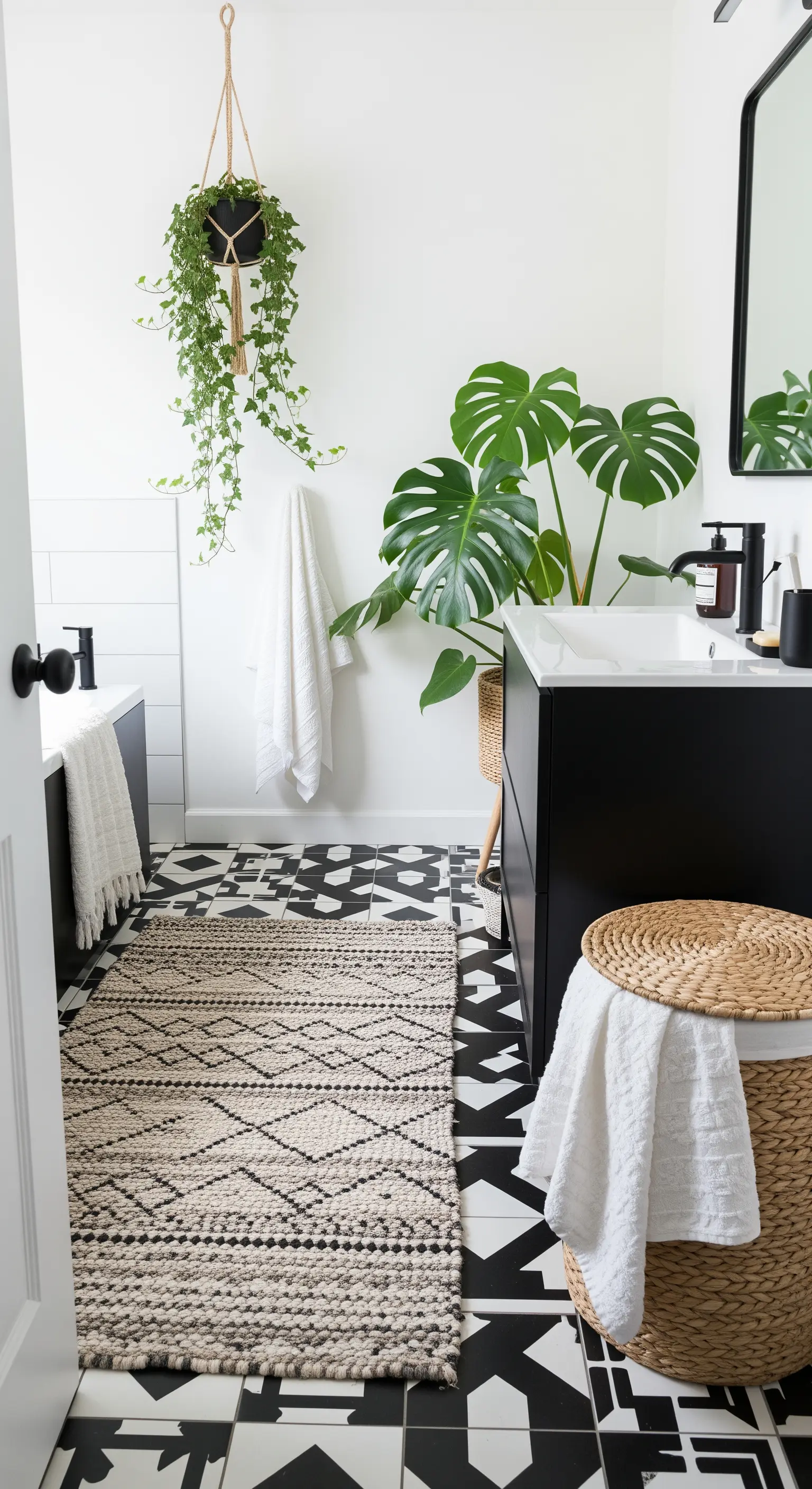 Bagno con piastrelle optical bianche e nere, ammorbidito da un tappeto in lana grezza.