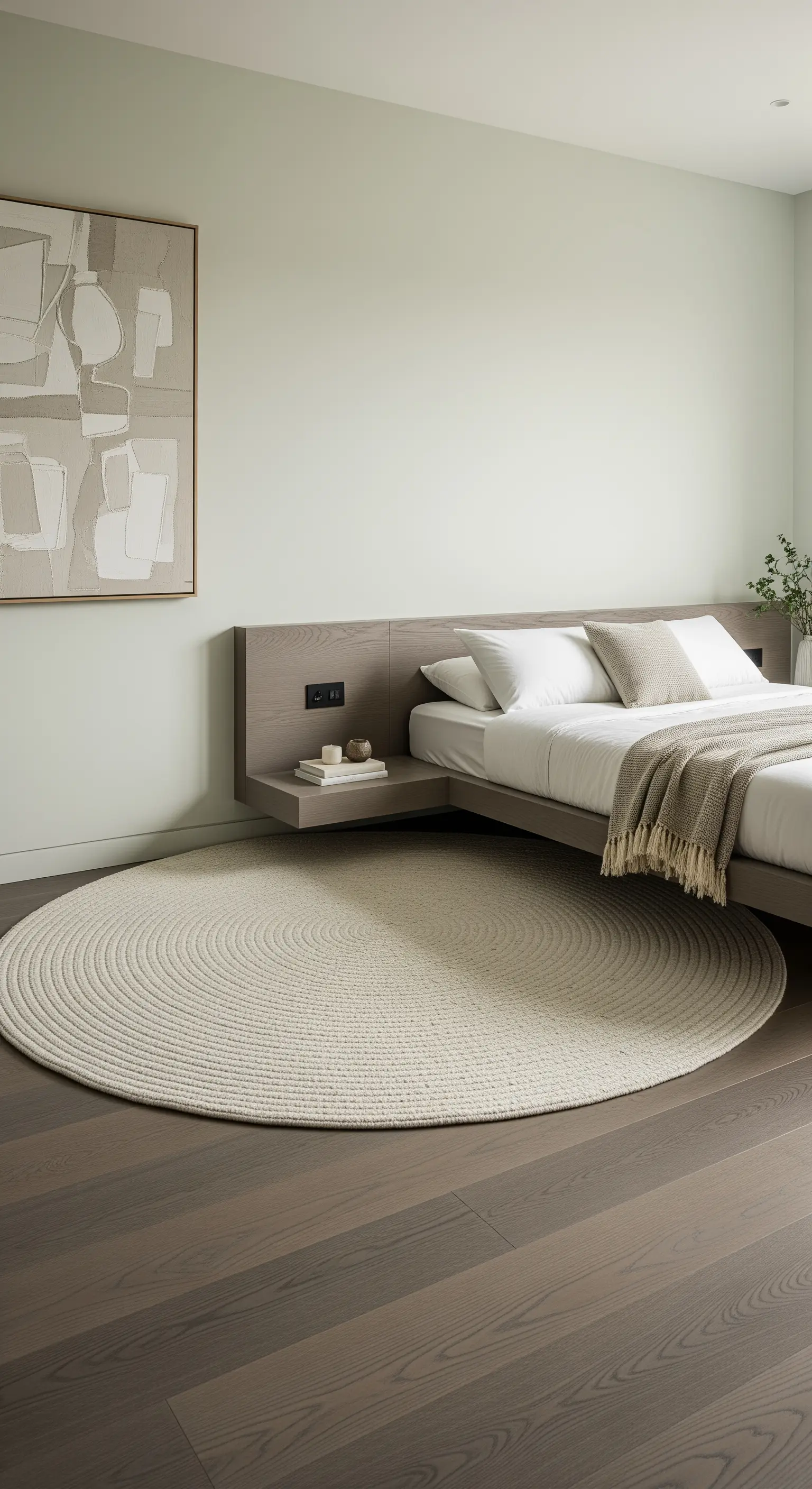 Letto minimalista con un tappeto rotondo in corda intrecciata su un parquet grigio scuro