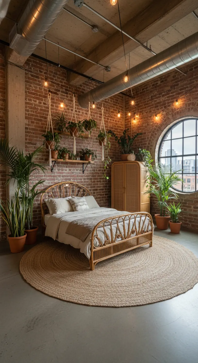 Camera da letto in un loft industriale con letto in rattan, muro di mattoni e piante.