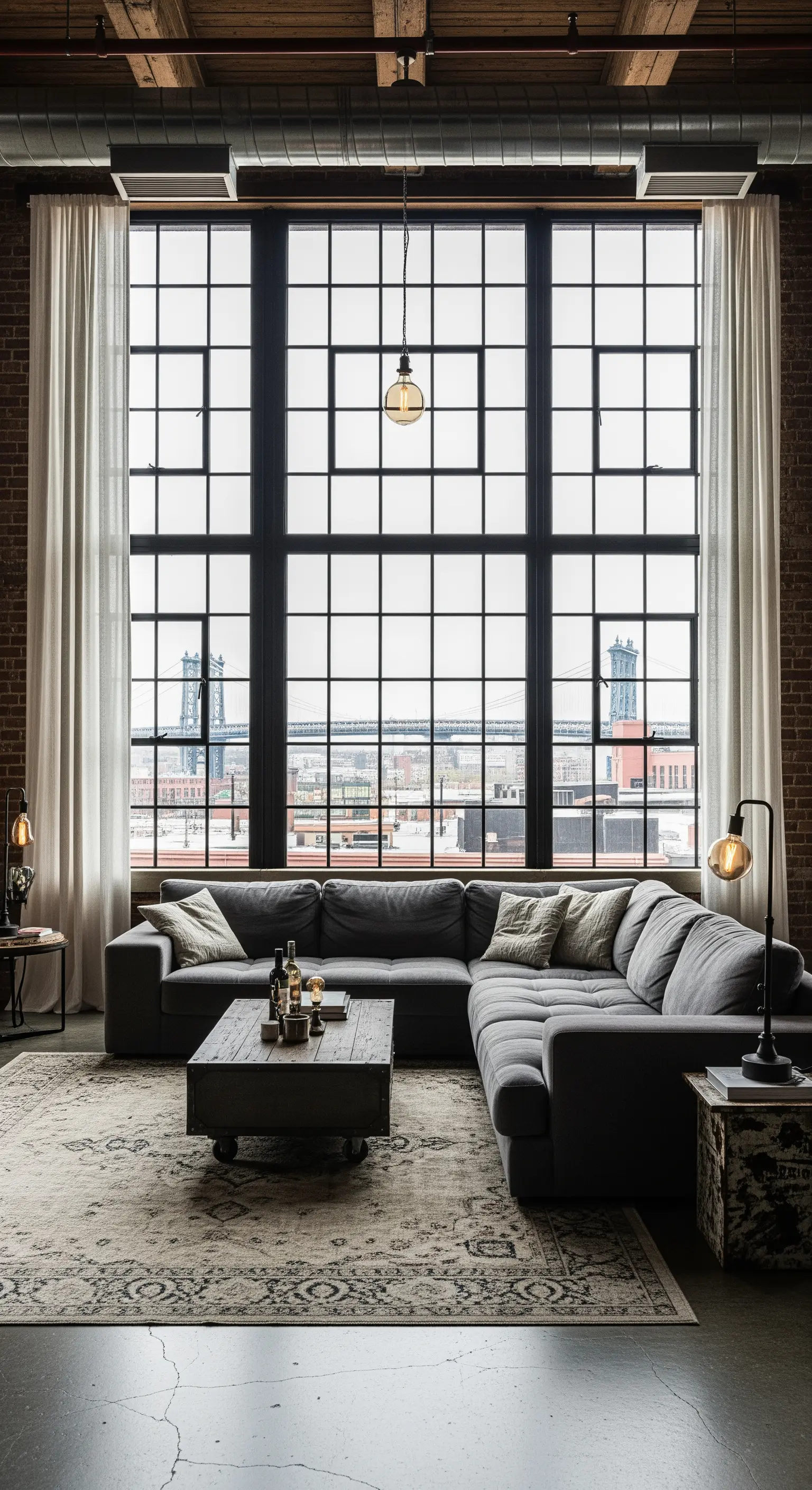 Loft in stile industriale con parete in mattoni, grande finestra e divano angolare grigio.