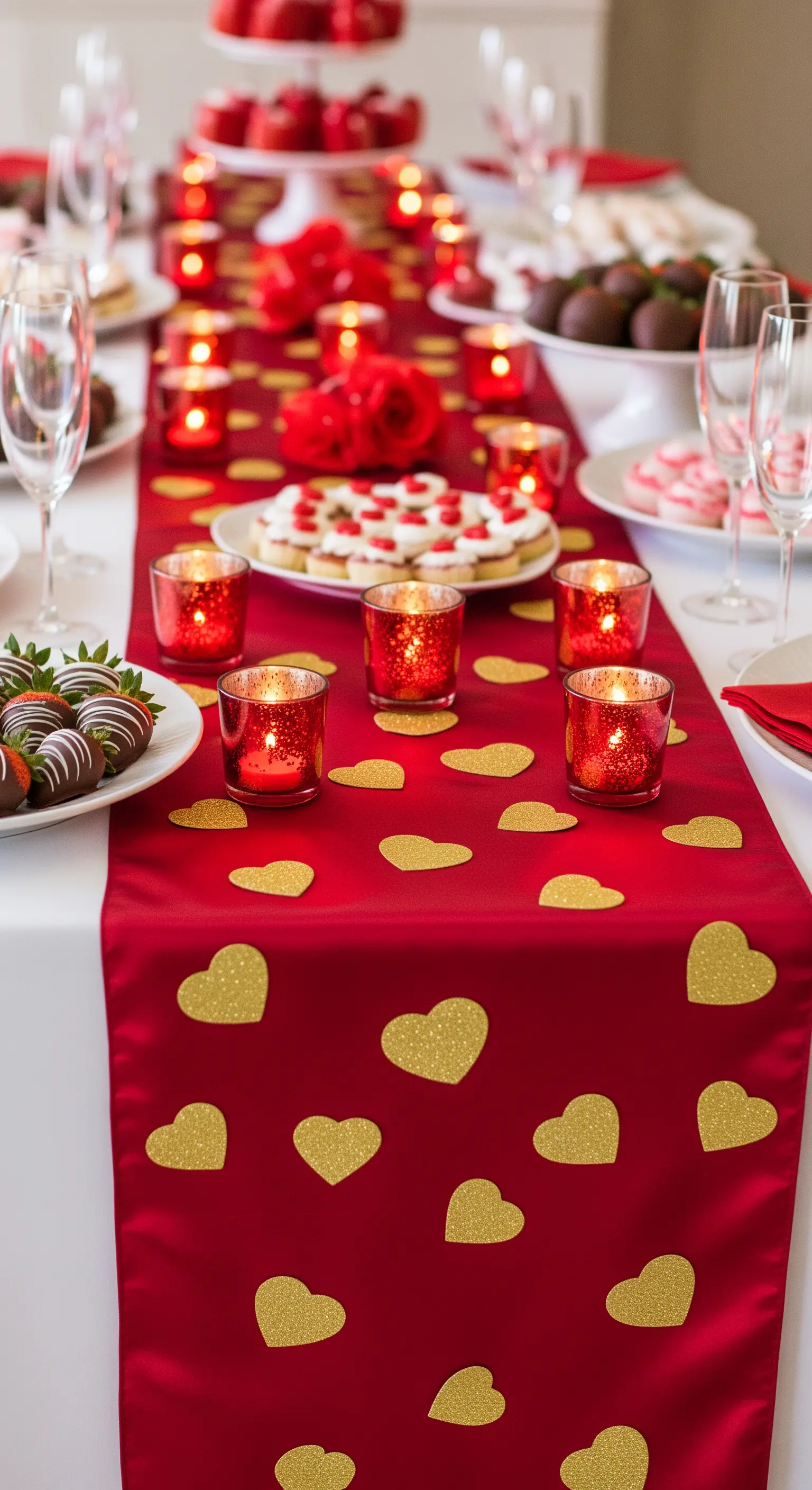 Runner in raso rosso decorato con cuori glitterati dorati e portacandele rossi.