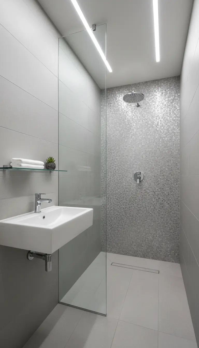 Doccia stretta con parete di fondo rivestita in mosaico argentato e brillante.