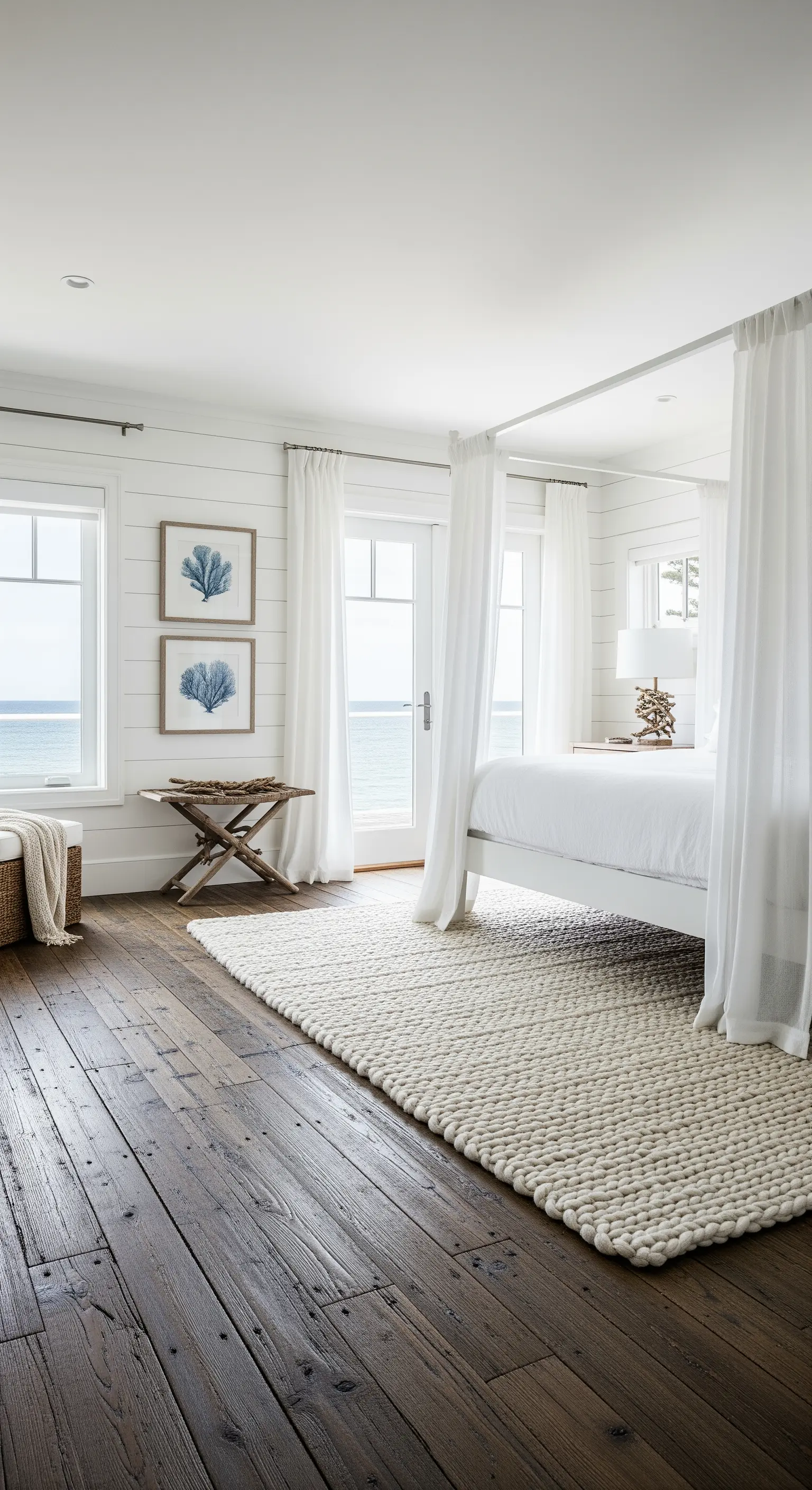 Camera da letto coastal con letto a baldacchino bianco e tappeto in lana intrecciata color crema