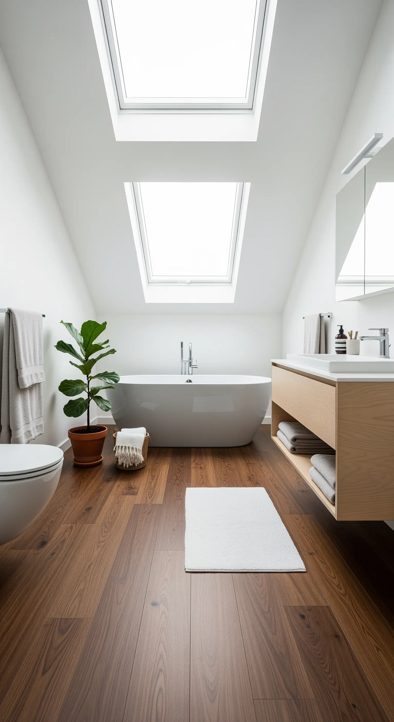 Bagno in mansarda con parquet in noce, vasca bianca sotto due lucernari e mobile in legno chiaro.