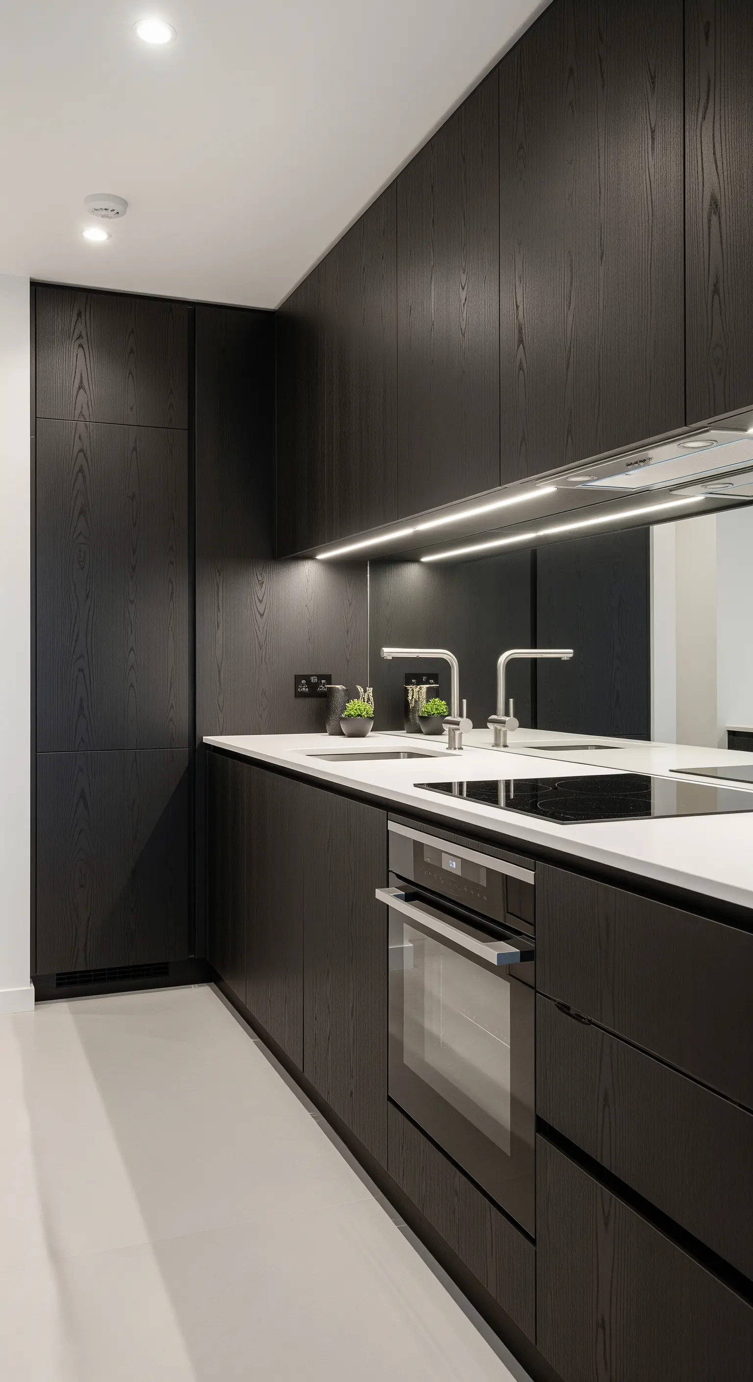 Cucina stretta e moderna con mobili in legno nero e paraschizzi a specchio.