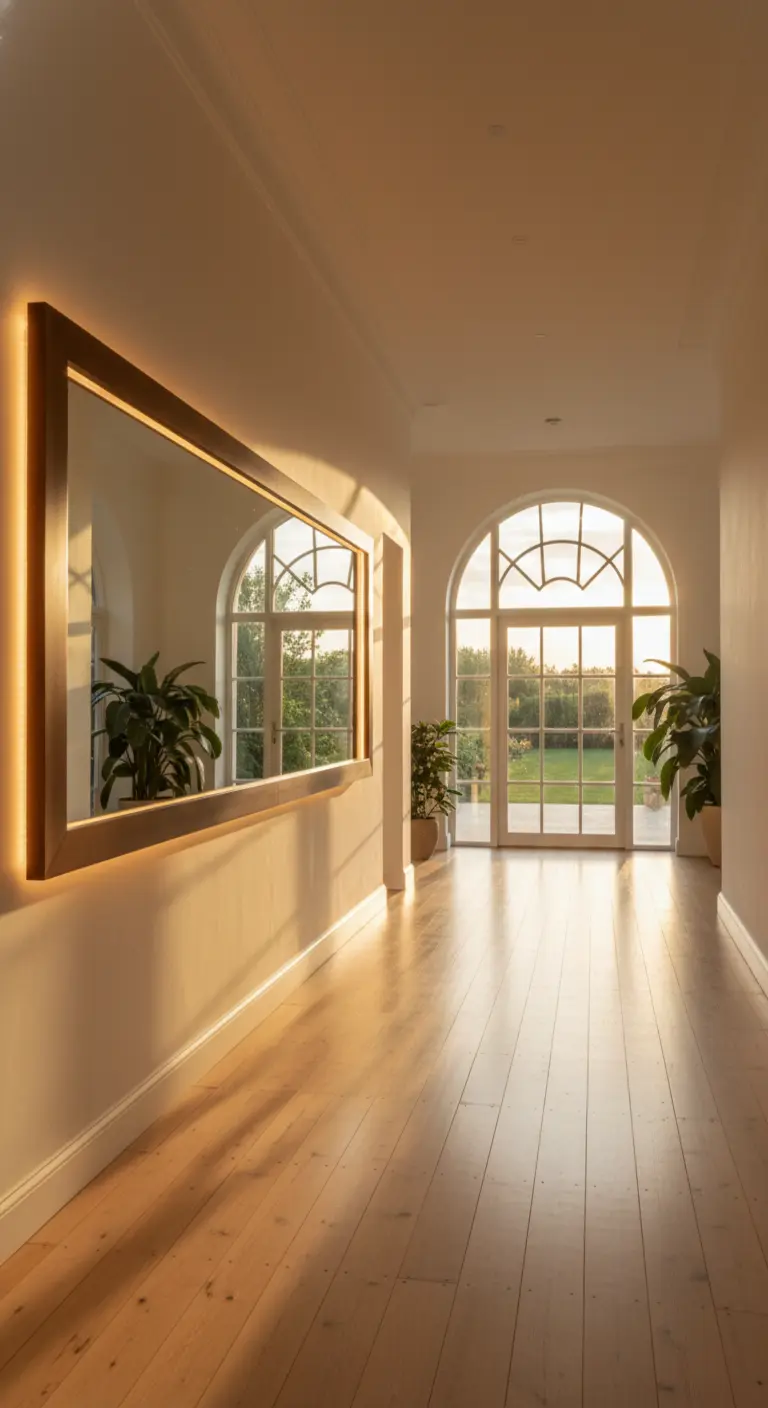 Grande specchio orizzontale con cornice in legno e retroilluminazione in un corridoio luminoso.