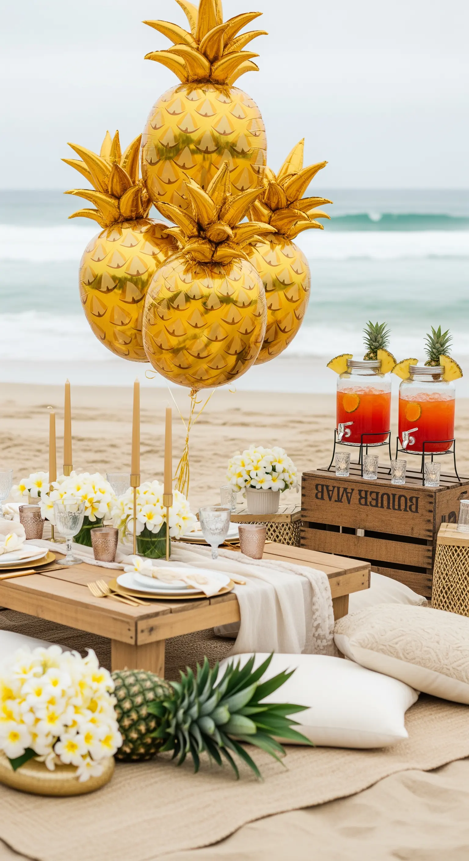 Picnic sulla spiaggia con palloncini dorati a forma di ananas e tavola bassa in legno.