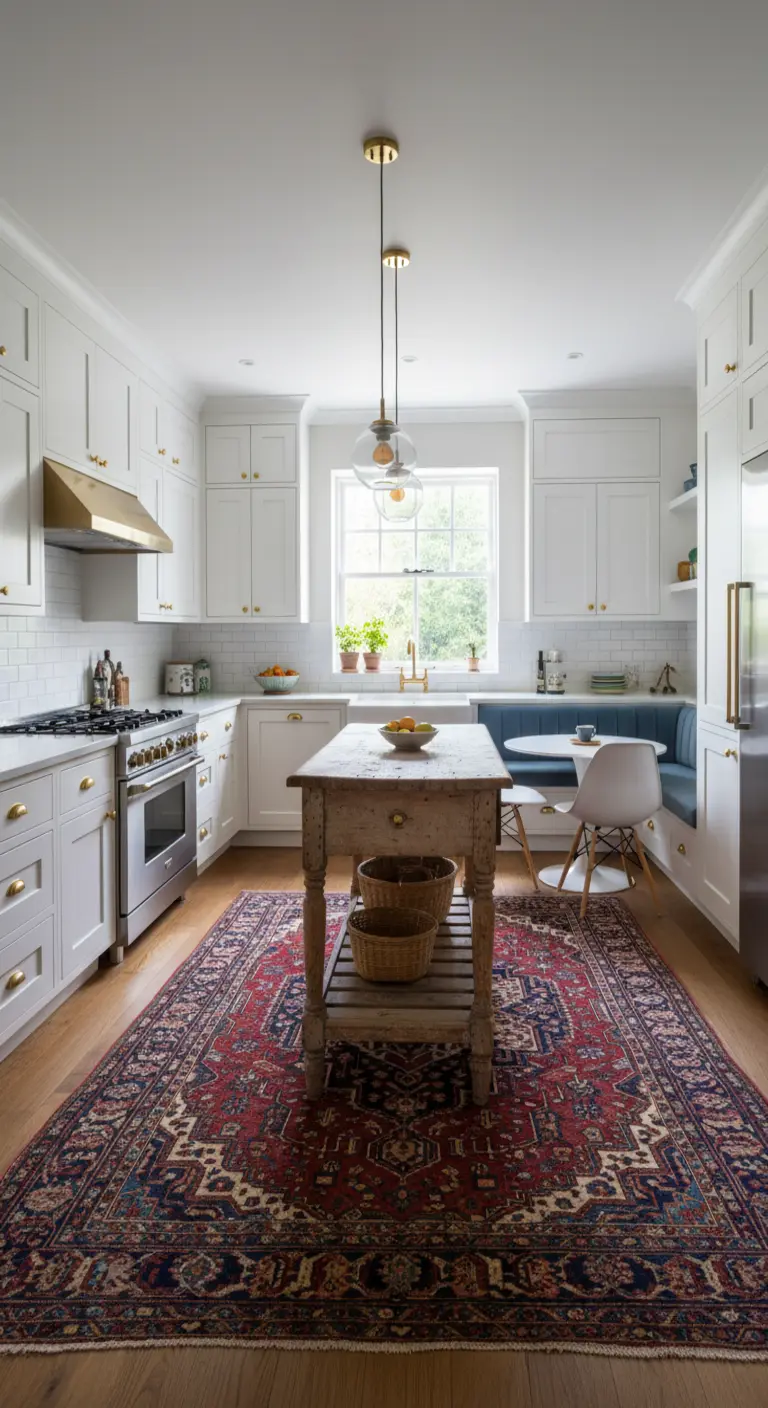 Cucina bianca con isola-tavolo, panca blu e grande tappeto persiano rosso.